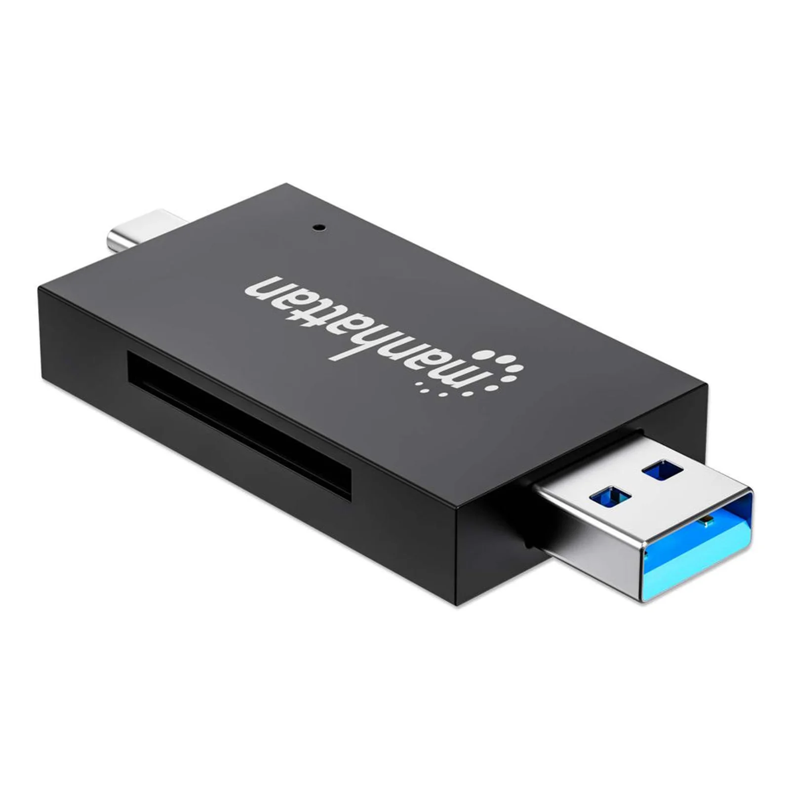 Manhattan Lecteur/enregistreur de cartes multiformat USB-A/USB-C, 5 Gbps (USB 3.0), connecteur mâle vers emplacements microSD et SD/MMC, format mini, compatible avec Windows ou Mac, noir/translucide, garantie de 3 ans