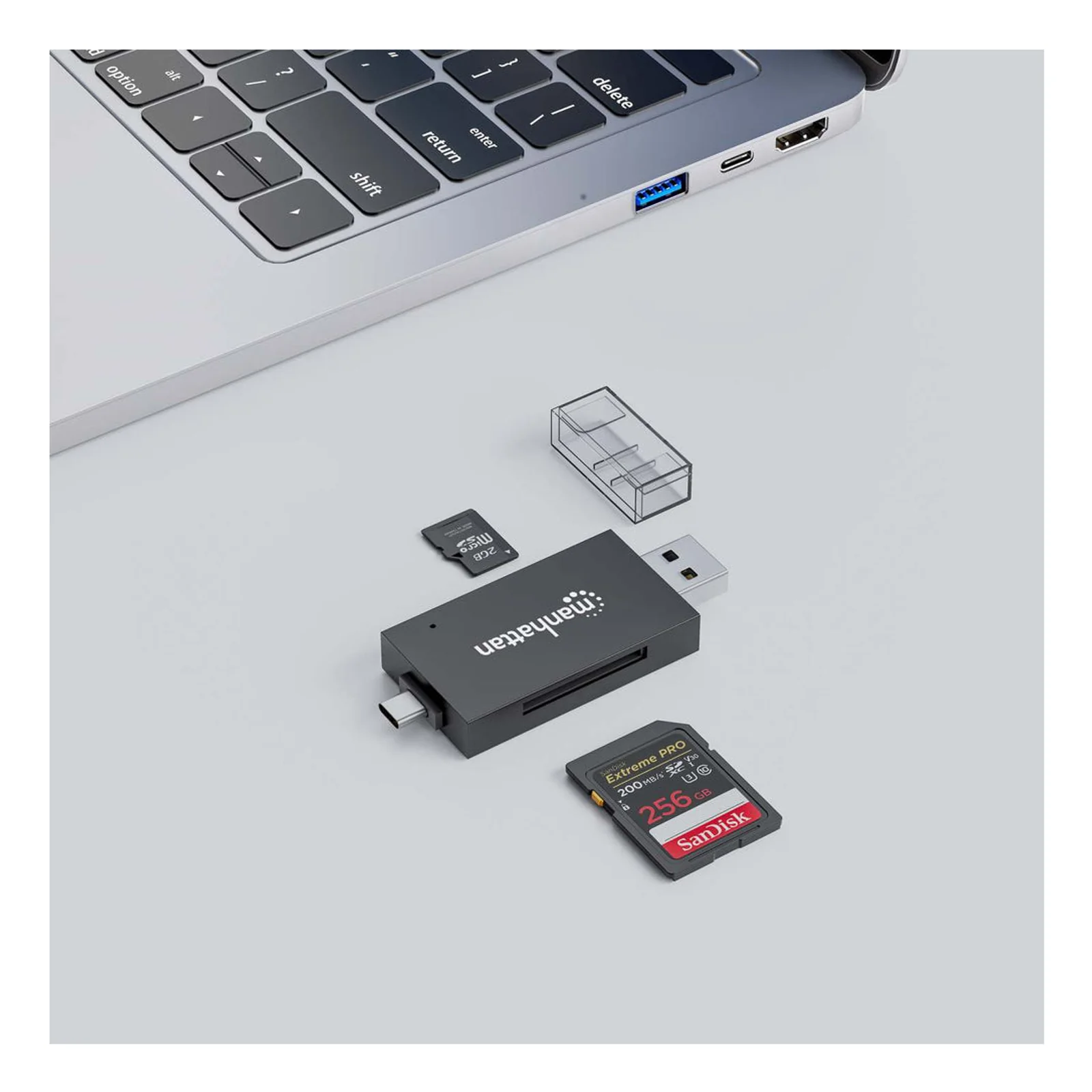 Manhattan Lecteur/enregistreur de cartes multiformat USB-A/USB-C, 5 Gbps (USB 3.0), connecteur mâle vers emplacements microSD et SD/MMC, format mini, compatible avec Windows ou Mac, noir/translucide, garantie de 3 ans