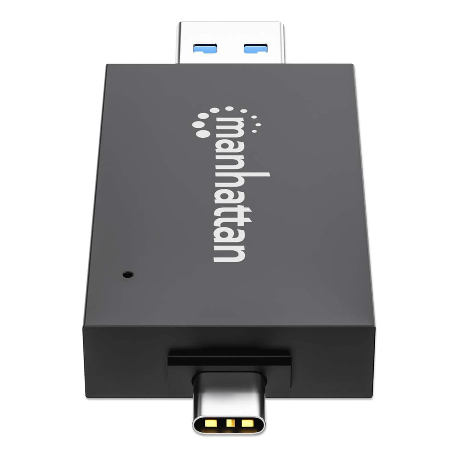 Manhattan Lecteur/enregistreur de cartes multiformat USB-A/USB-C, 5 Gbps (USB 3.0), connecteur mâle vers emplacements microSD et SD/MMC, format mini, compatible avec Windows ou Mac, noir/translucide, garantie de 3 ans