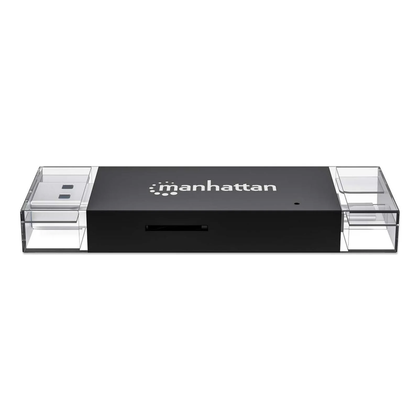 Manhattan Lecteur/enregistreur de cartes multiformat USB-A/USB-C, 5 Gbps (USB 3.0), connecteur mâle vers emplacements microSD et SD/MMC, format mini, compatible avec Windows ou Mac, noir/translucide, garantie de 3 ans