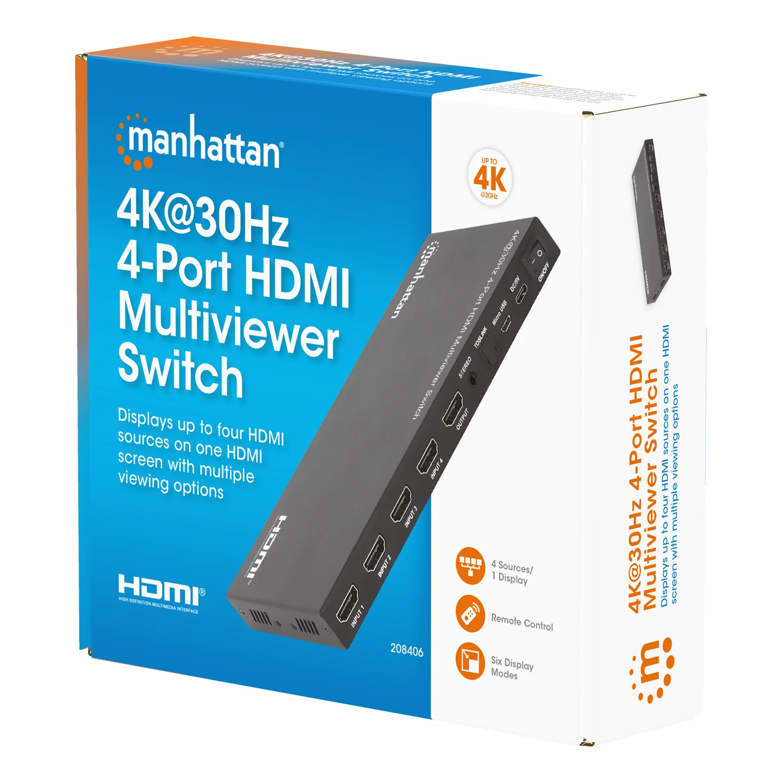 Manhattan Multiviewer/switch HDMI 4K 4 ports, 4 entrées vers 1 écran, 4K@30 Hz, modes PiP et double/quadruple affichage, bouton ou télécommande, audio 3,5 mm et Toslink, noir, garantie de 3 ans