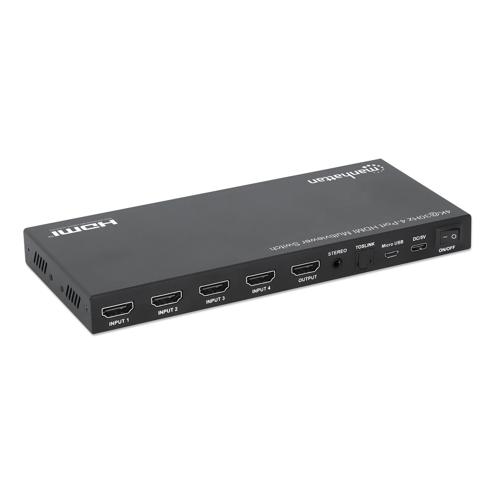 Manhattan Multiviewer/switch HDMI 4K 4 ports, 4 entrées vers 1 écran, 4K@30 Hz, modes PiP et double/quadruple affichage, bouton ou télécommande, audio 3,5 mm et Toslink, noir, garantie de 3 ans