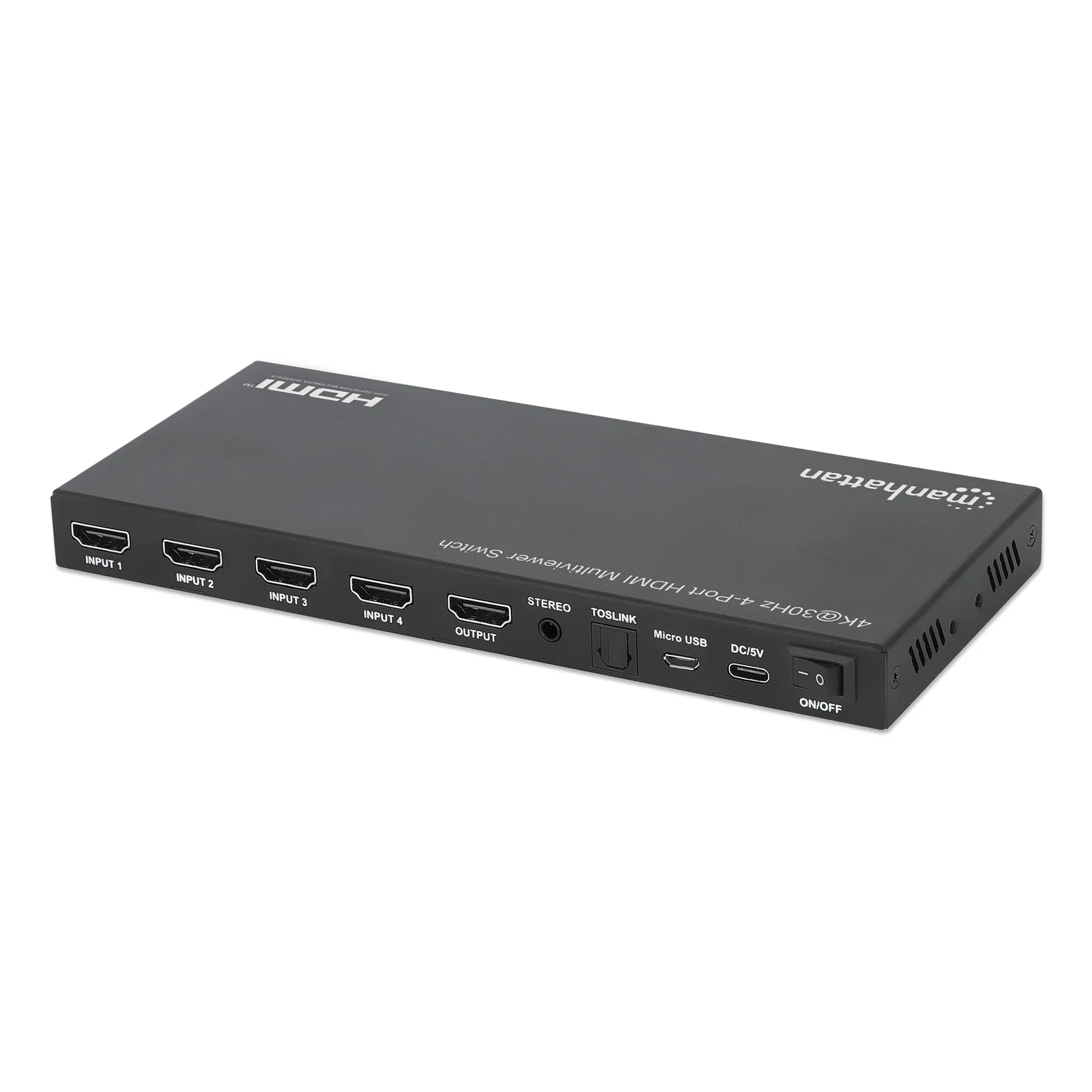 Manhattan Multiviewer/switch HDMI 4K 4 ports, 4 entrées vers 1 écran, 4K@30 Hz, modes PiP et double/quadruple affichage, bouton ou télécommande, audio 3,5 mm et Toslink, noir, garantie de 3 ans