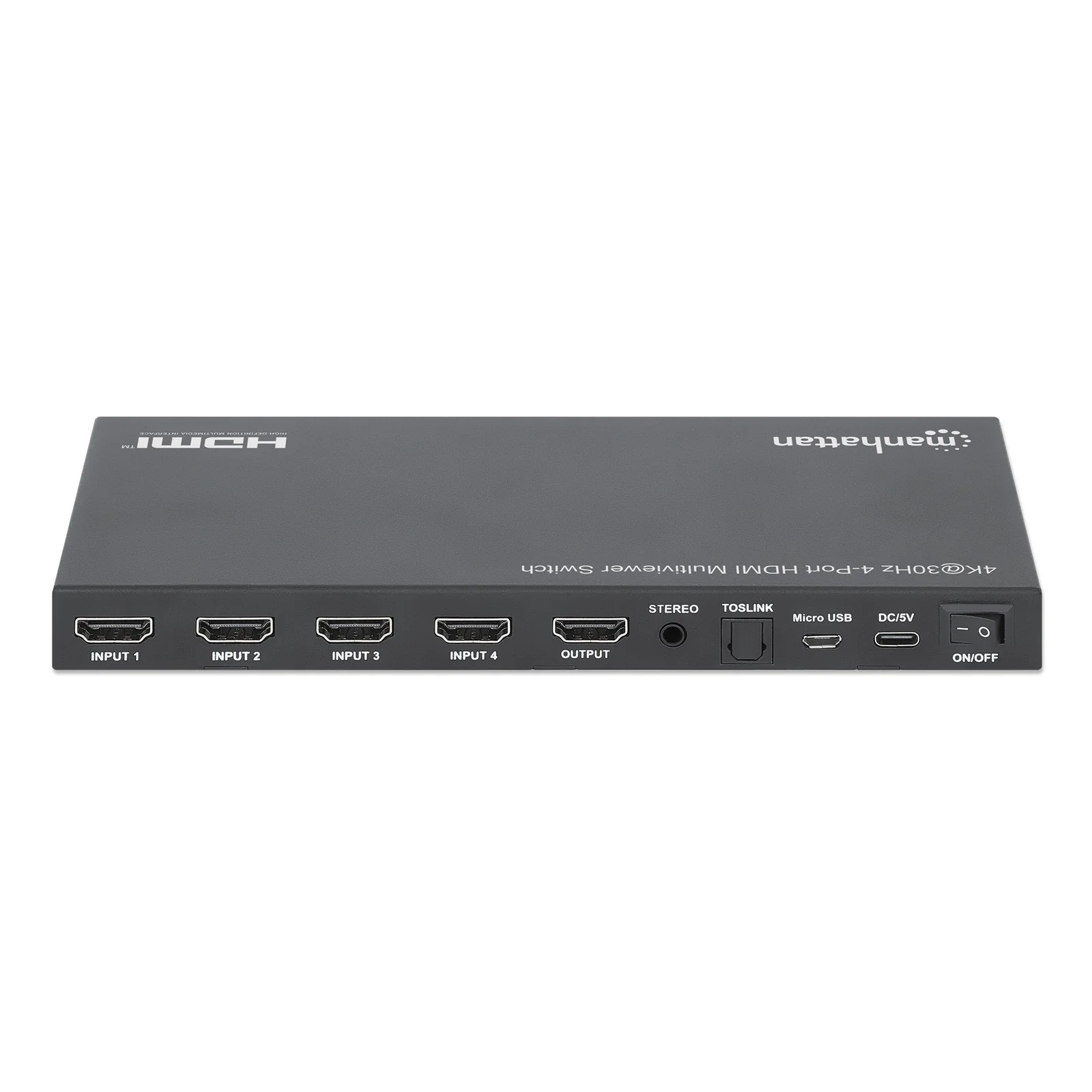 Manhattan Multiviewer/switch HDMI 4K 4 ports, 4 entrées vers 1 écran, 4K@30 Hz, modes PiP et double/quadruple affichage, bouton ou télécommande, audio 3,5 mm et Toslink, noir, garantie de 3 ans