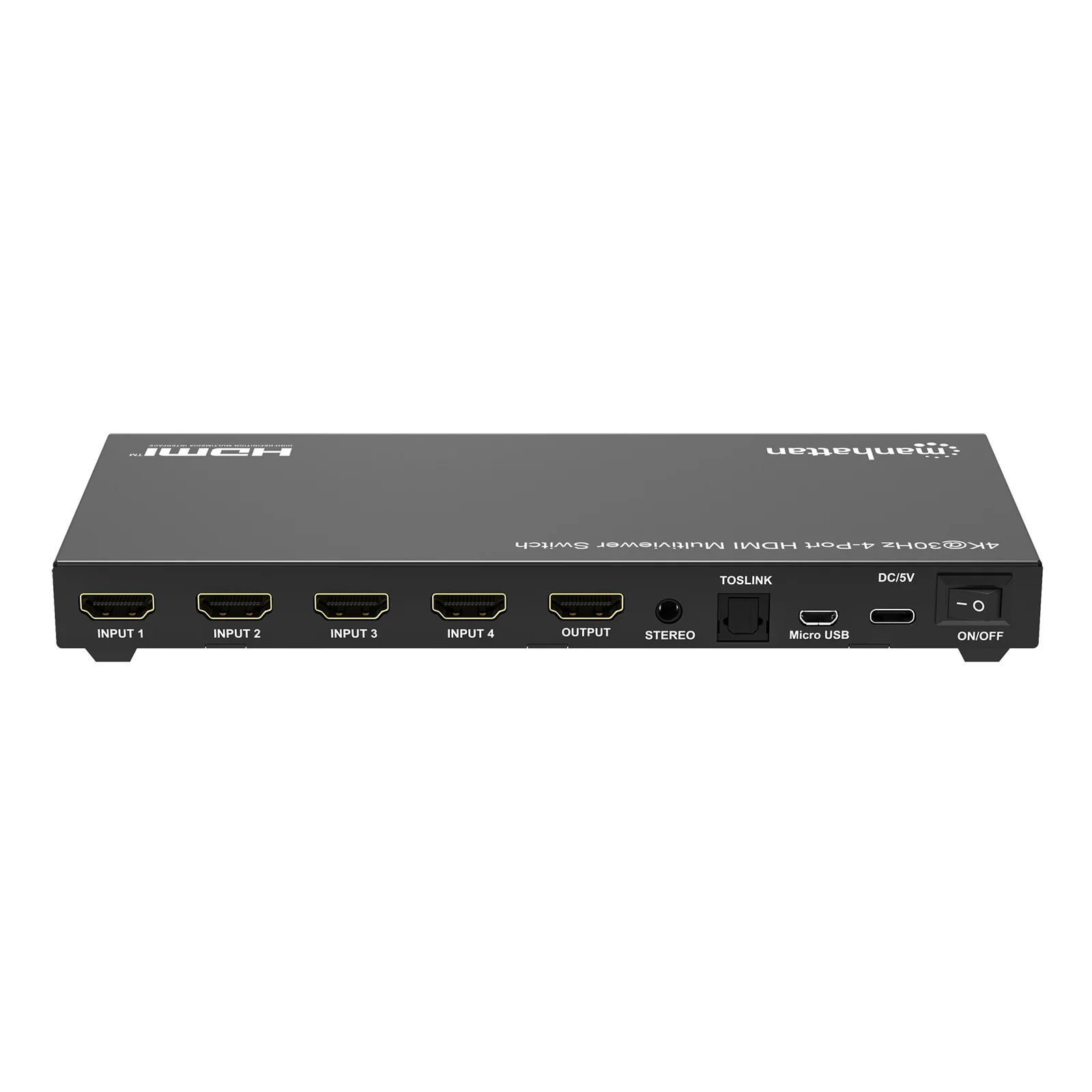 Manhattan Multiviewer/switch HDMI 4K 4 ports, 4 entrées vers 1 écran, 4K@30 Hz, modes PiP et double/quadruple affichage, bouton ou télécommande, audio 3,5 mm et Toslink, noir, garantie de 3 ans