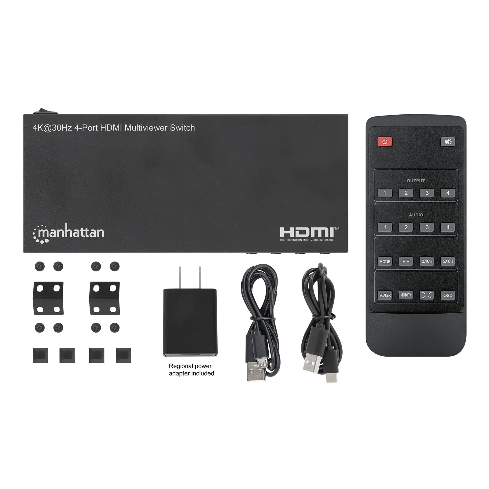 Manhattan Multiviewer/switch HDMI 4K 4 ports, 4 entrées vers 1 écran, 4K@30 Hz, modes PiP et double/quadruple affichage, bouton ou télécommande, audio 3,5 mm et Toslink, noir, garantie de 3 ans