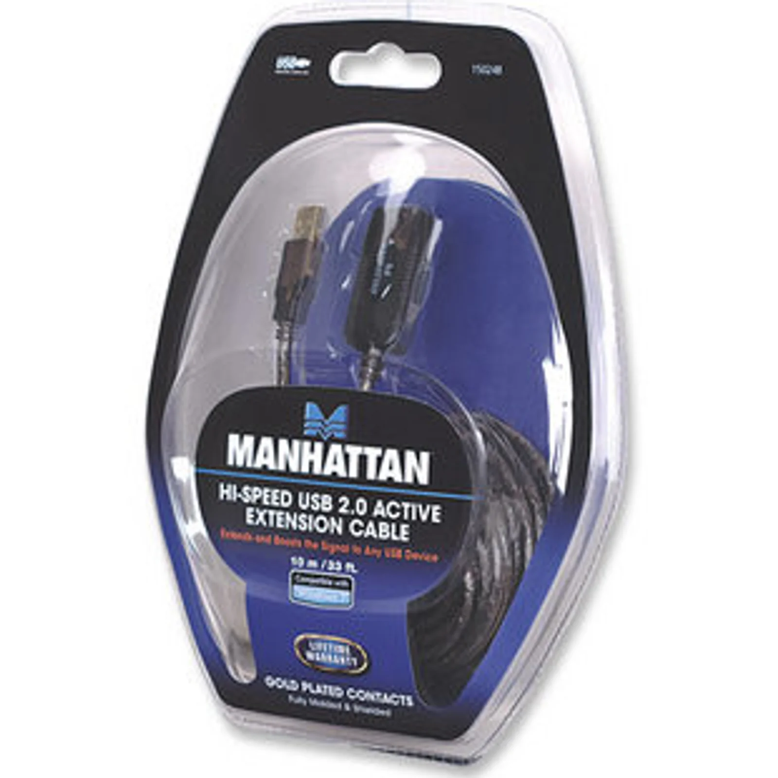 Manhattan Rallonge USB-A active, 10 m, mâle vers femelle, 480 Mbit/s (USB 2.0), chaînable, répéteur intégré, noir, garantie 3 ans, équivalent à USB2AAEXT10M