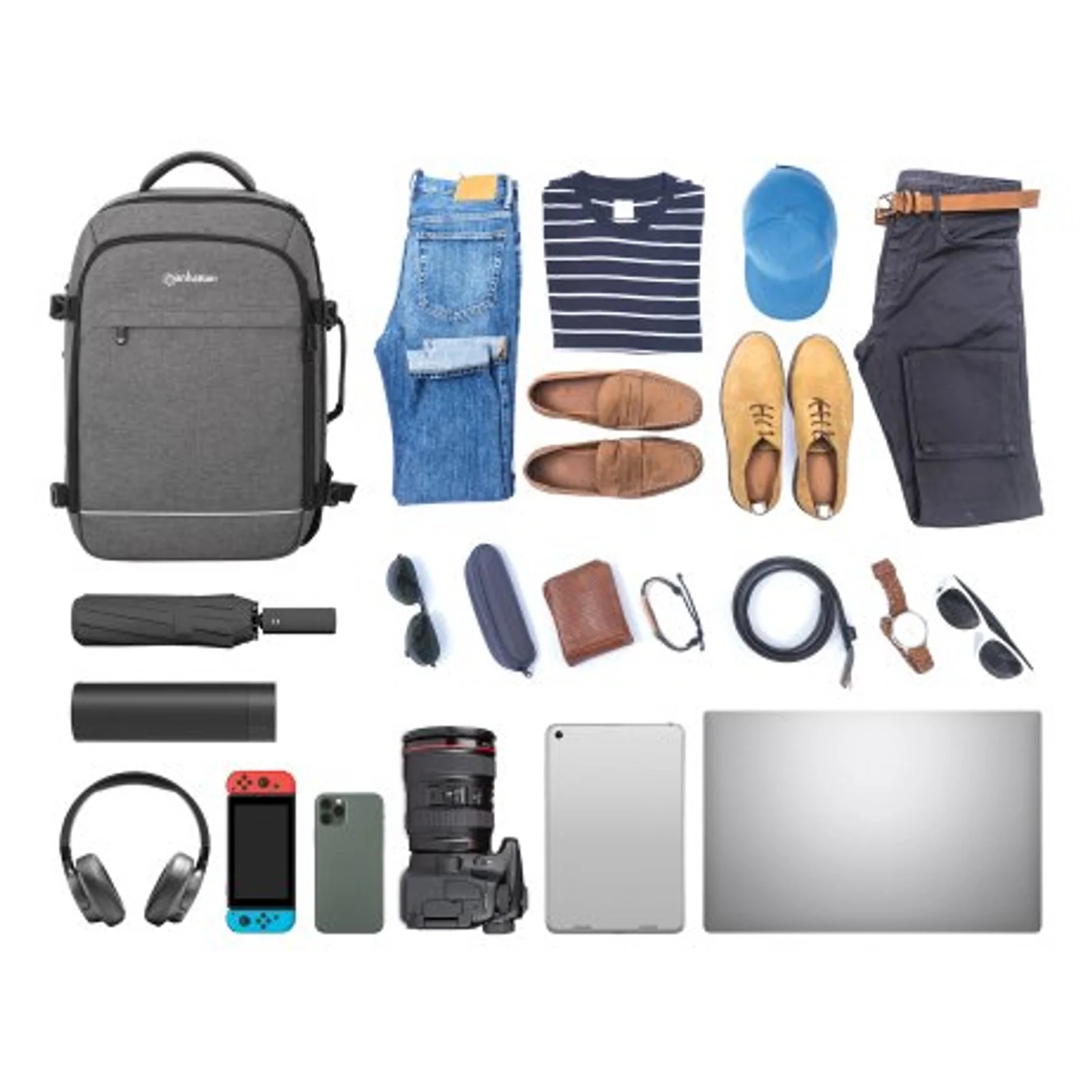 Manhattan Sac à dos de voyage Rome 17,3", 2 compartiments (PC jusqu’à 17,3" + tablette jusqu’à 11"), format cabine avion, 40 L, multiples poches, 3 pochettes souples, 2 poignées, bretelles escamotables, gris clair