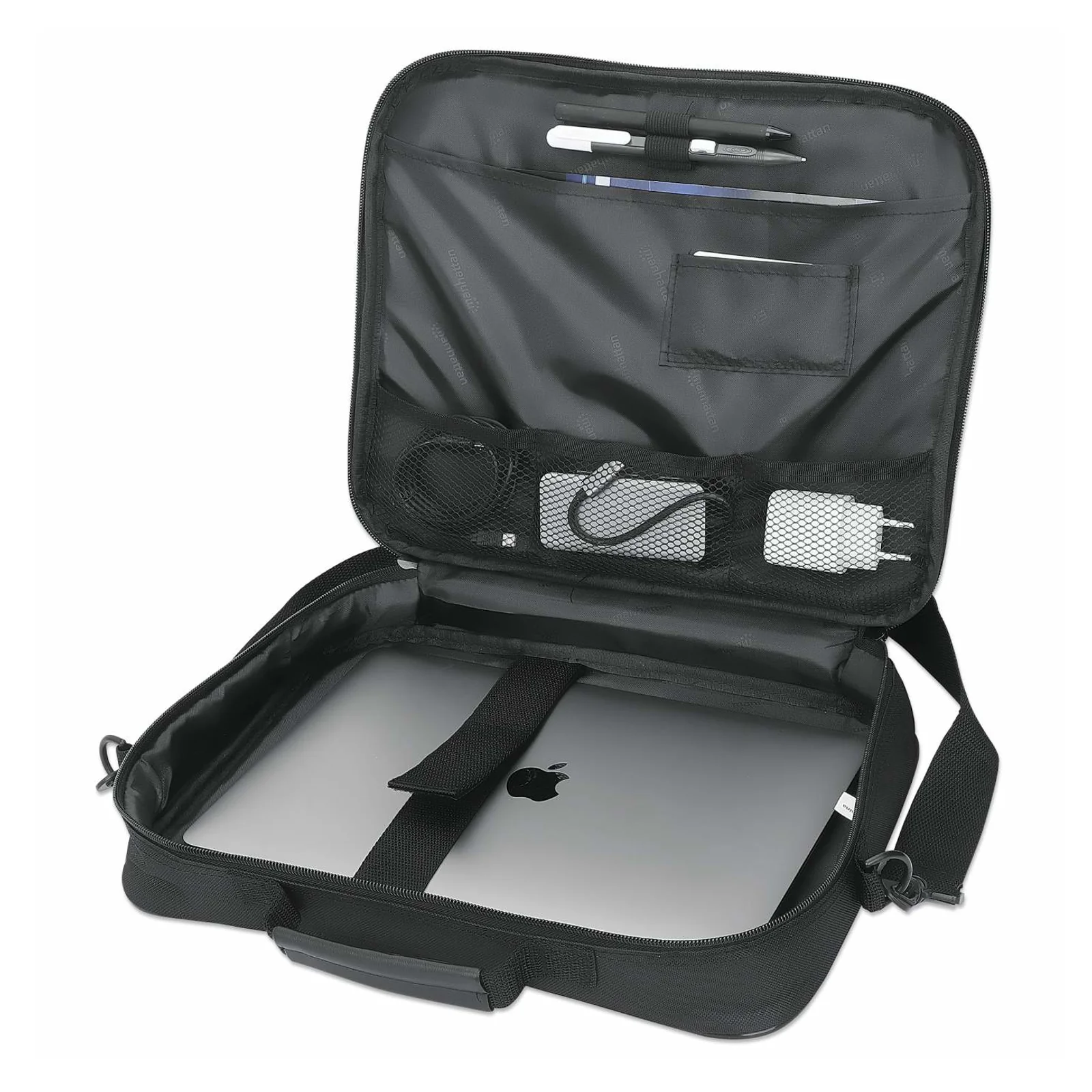 Manhattan Sacoche PC portable Cambridge 14,1", clamshell, noire, ÉCONOMIQUE, poche accessoires, compartiment documents, bandoulière amovible, équiv. Targus CN313/CN414EU, garantie 3 ans