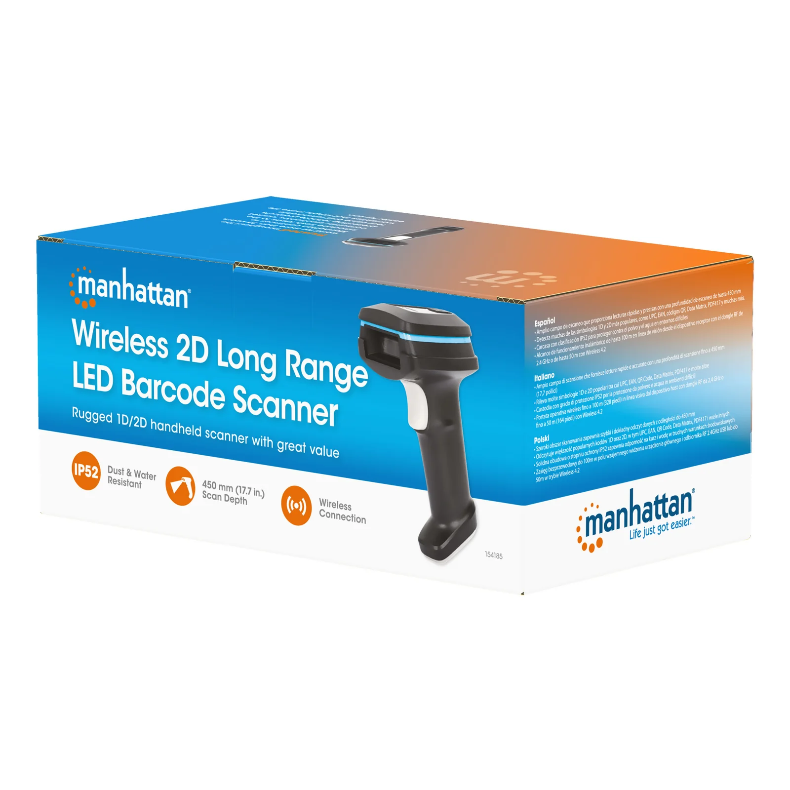 Manhattan Scanner code-barres 2D sans fil, profondeur de lecture 250 mm, portée effective jusqu’à 80 m (ligne de vue), lumière ambiante max. 100 000 lux, noir, câble de charge USB-A vers USB-C (1 m) inclus, garantie 3 ans