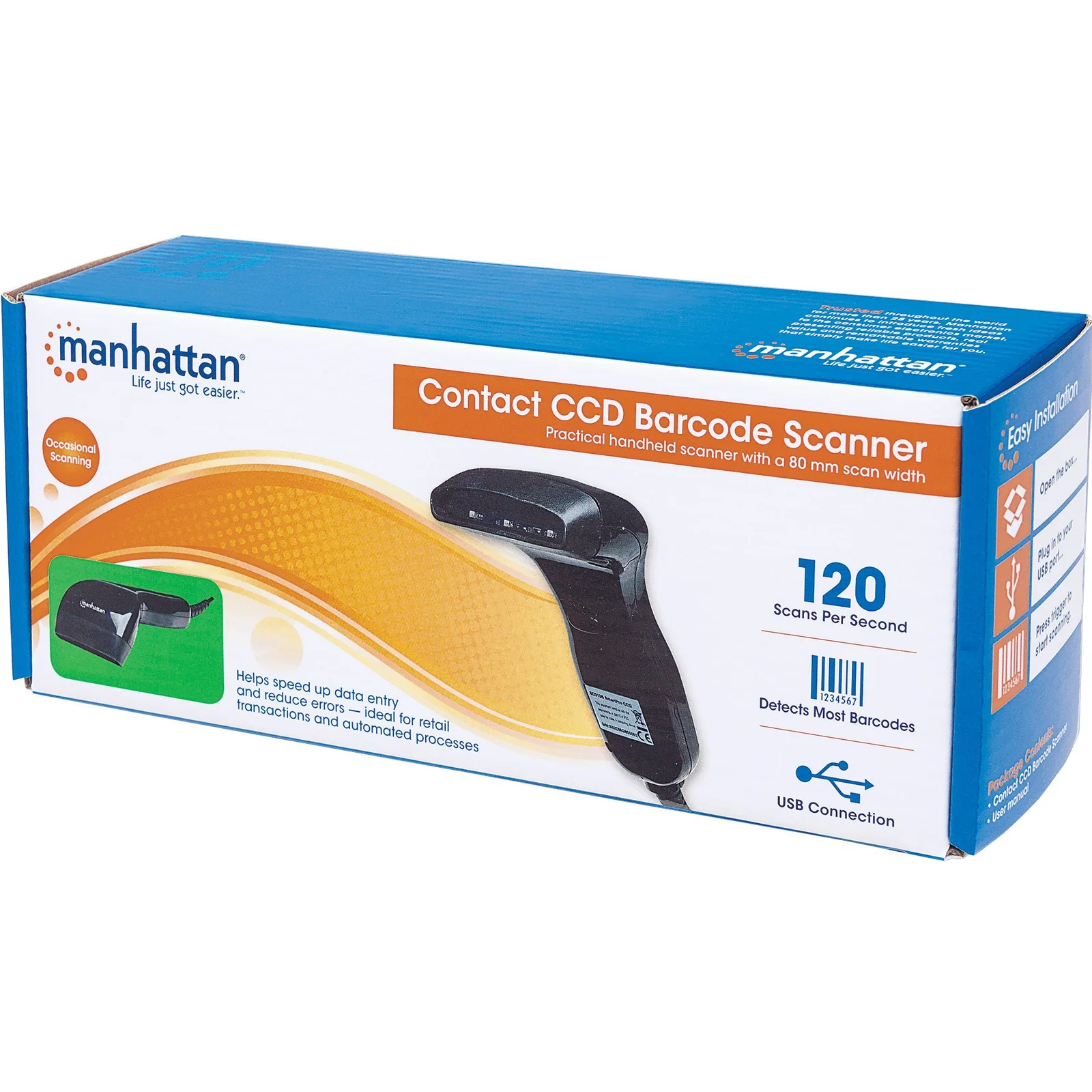 Manhattan Scanner de codes-barres CCD filaire, USB, largeur de lecture 80 mm, câble 152 cm, luminosité ambiante max. 3 000 lux, noir, garantie 3 ans