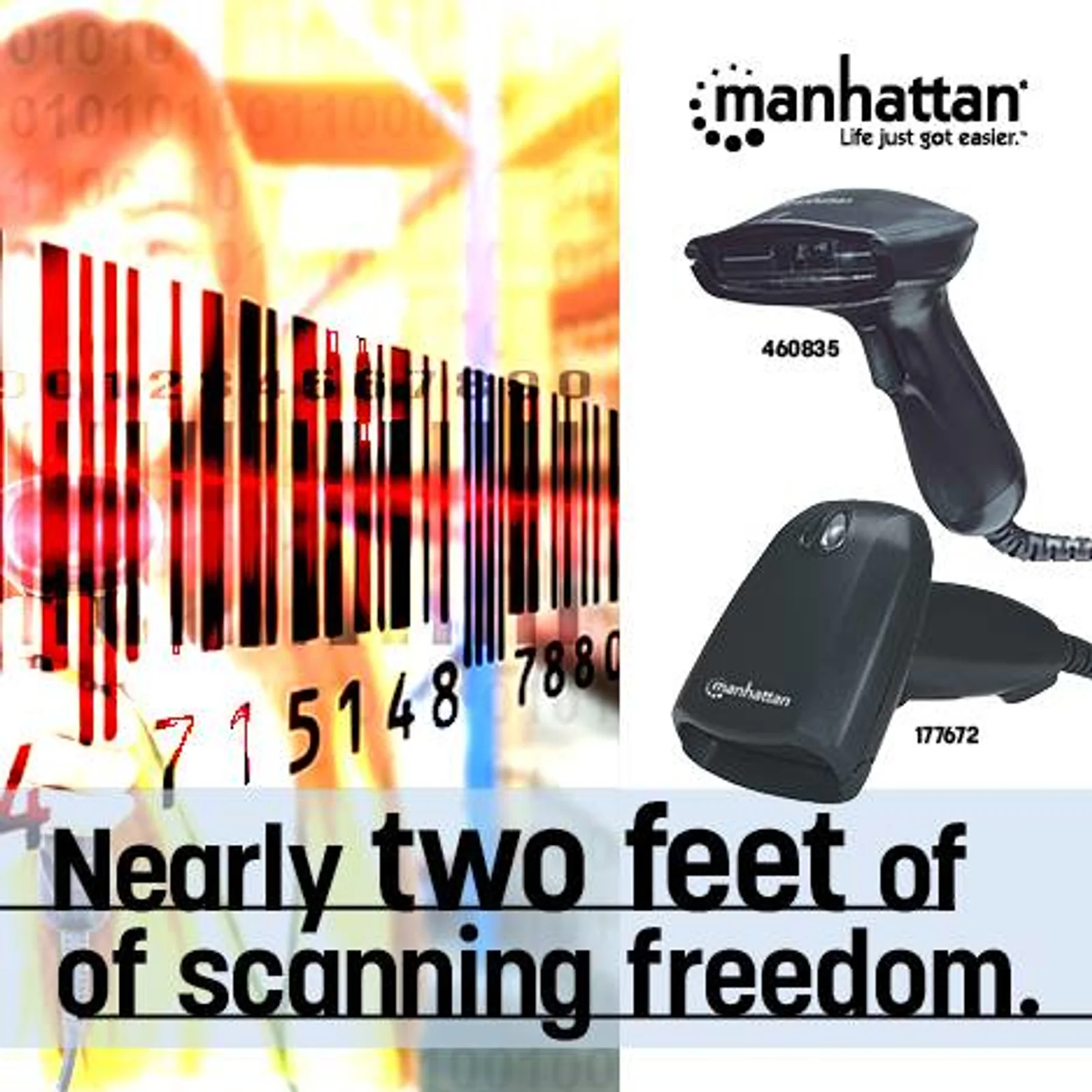 Manhattan Scanner de codes-barres CCD portable longue portée, USB, profondeur de lecture 500 mm, câble 1,5 m, lumière ambiante max. 10 000 lux, noir, garantie 3 ans