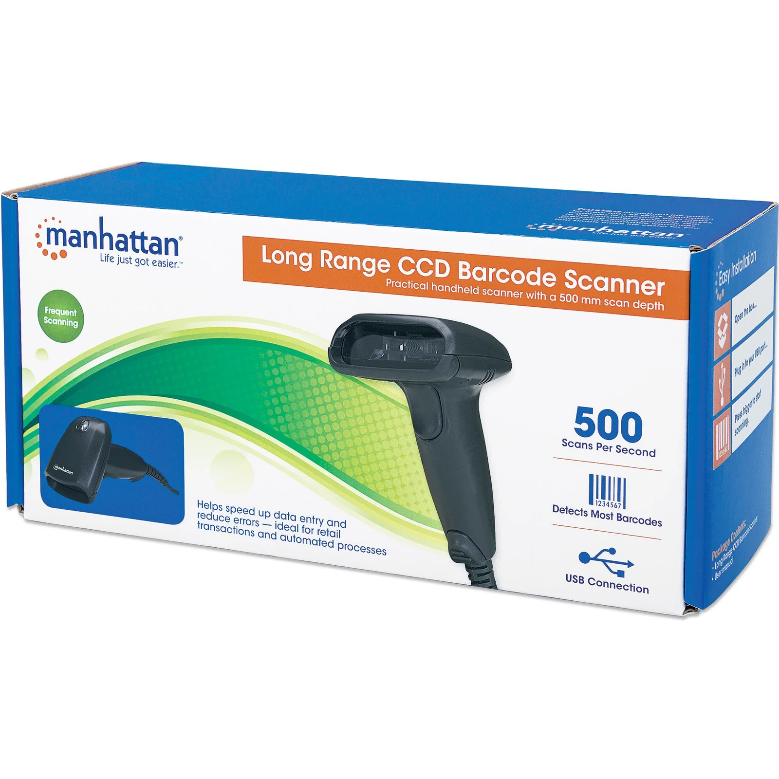 Manhattan Scanner de codes-barres CCD portable longue portée, USB, profondeur de lecture 500 mm, câble 1,5 m, lumière ambiante max. 10 000 lux, noir, garantie 3 ans