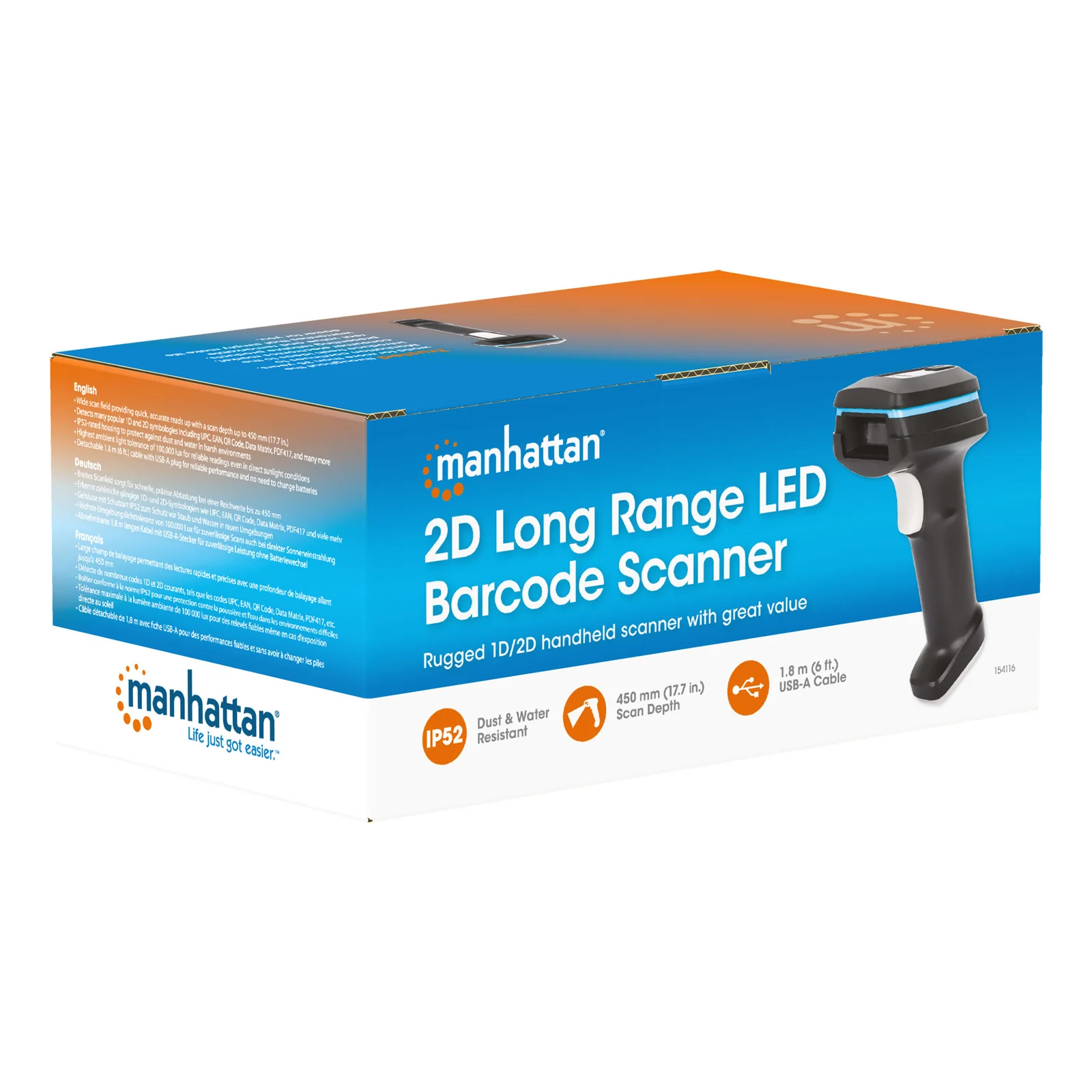 Manhattan Scanner de codes-barres LED 2D longue portée, USB, profondeur de lecture 450 mm, luminosité ambiante max. 100 000 lux, compatible codes 1D et 2D, câble RJ45 vers USB-A 1,8 m, noir, garantie 3 ans