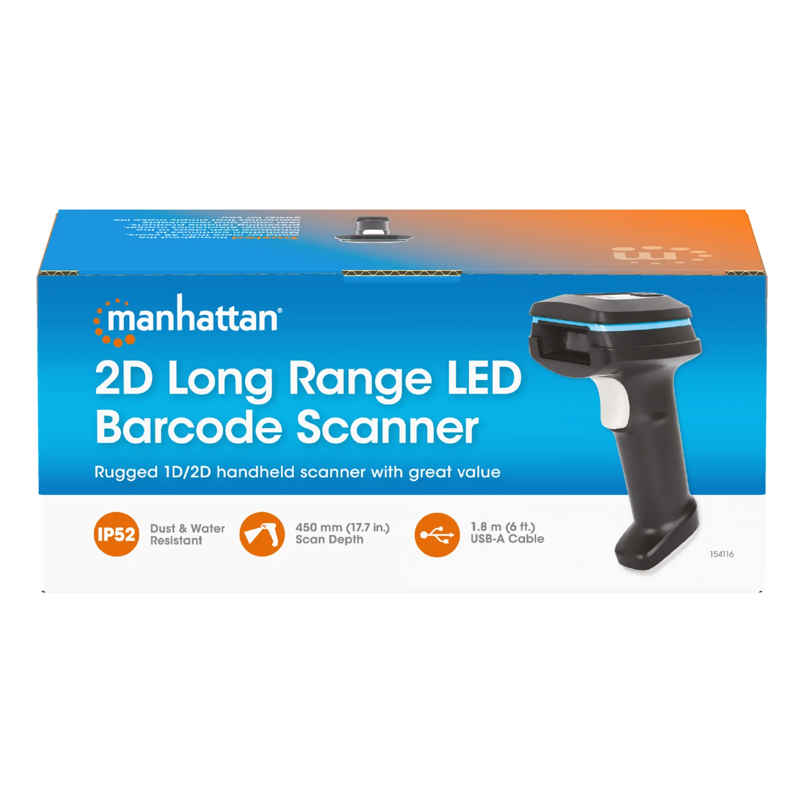 Manhattan Scanner de codes-barres LED 2D longue portée, USB, profondeur de lecture 450 mm, luminosité ambiante max. 100 000 lux, compatible codes 1D et 2D, câble RJ45 vers USB-A 1,8 m, noir, garantie 3 ans
