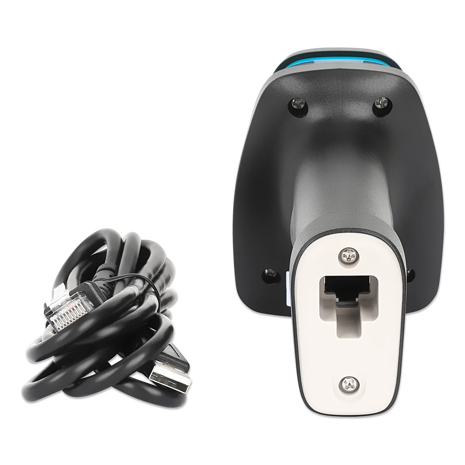 Manhattan Scanner de codes-barres LED 2D longue portée, USB, profondeur de lecture 450 mm, luminosité ambiante max. 100 000 lux, compatible codes 1D et 2D, câble RJ45 vers USB-A 1,8 m, noir, garantie 3 ans