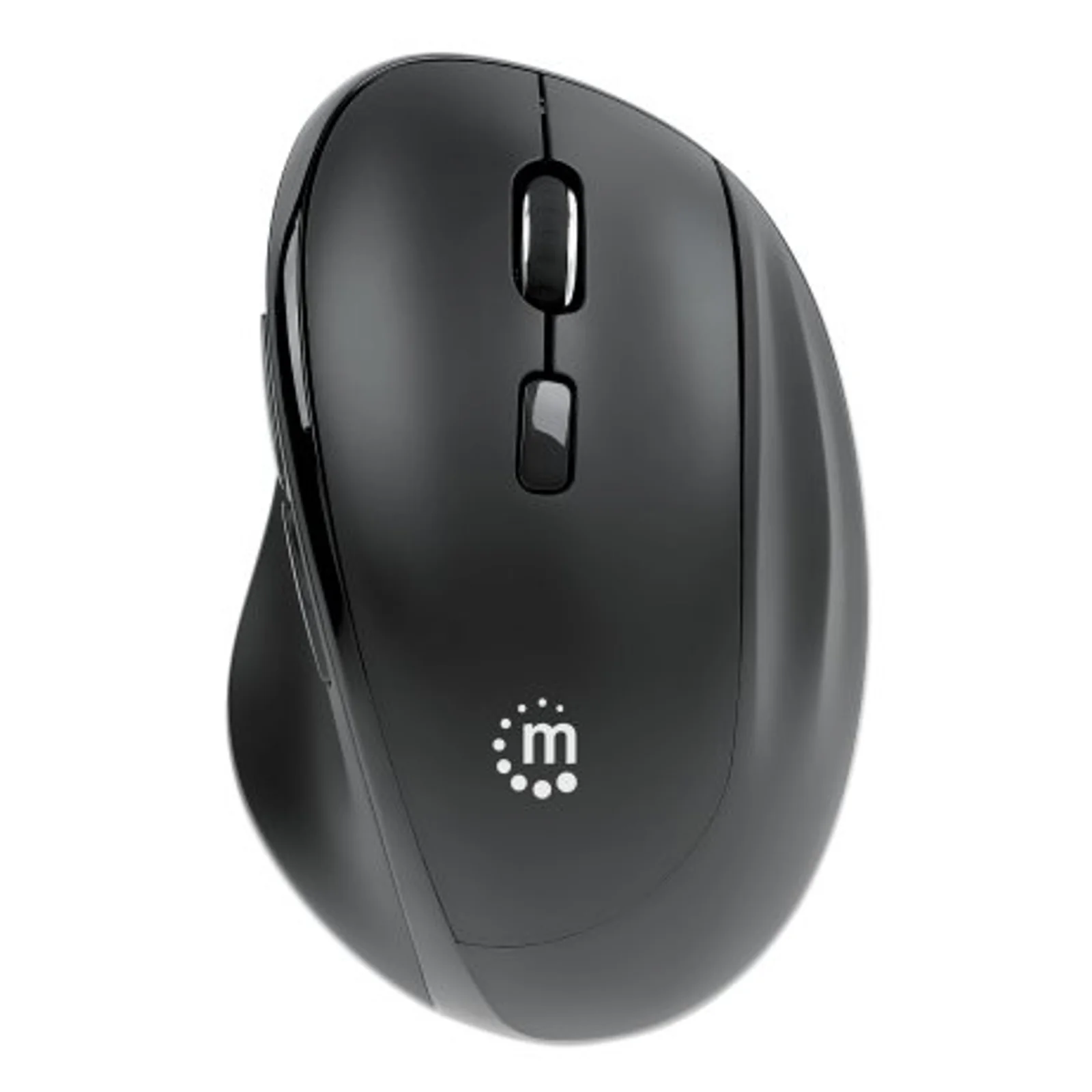 Manhattan Souris ergonomique sans fil (droitière), DPI réglable 800/1200/1600, 2,4 GHz (jusqu’à 10 m), 6 boutons avec molette, récepteur USB-A et USB-C combiné, noire, pile AA incluse, garantie 3 ans
