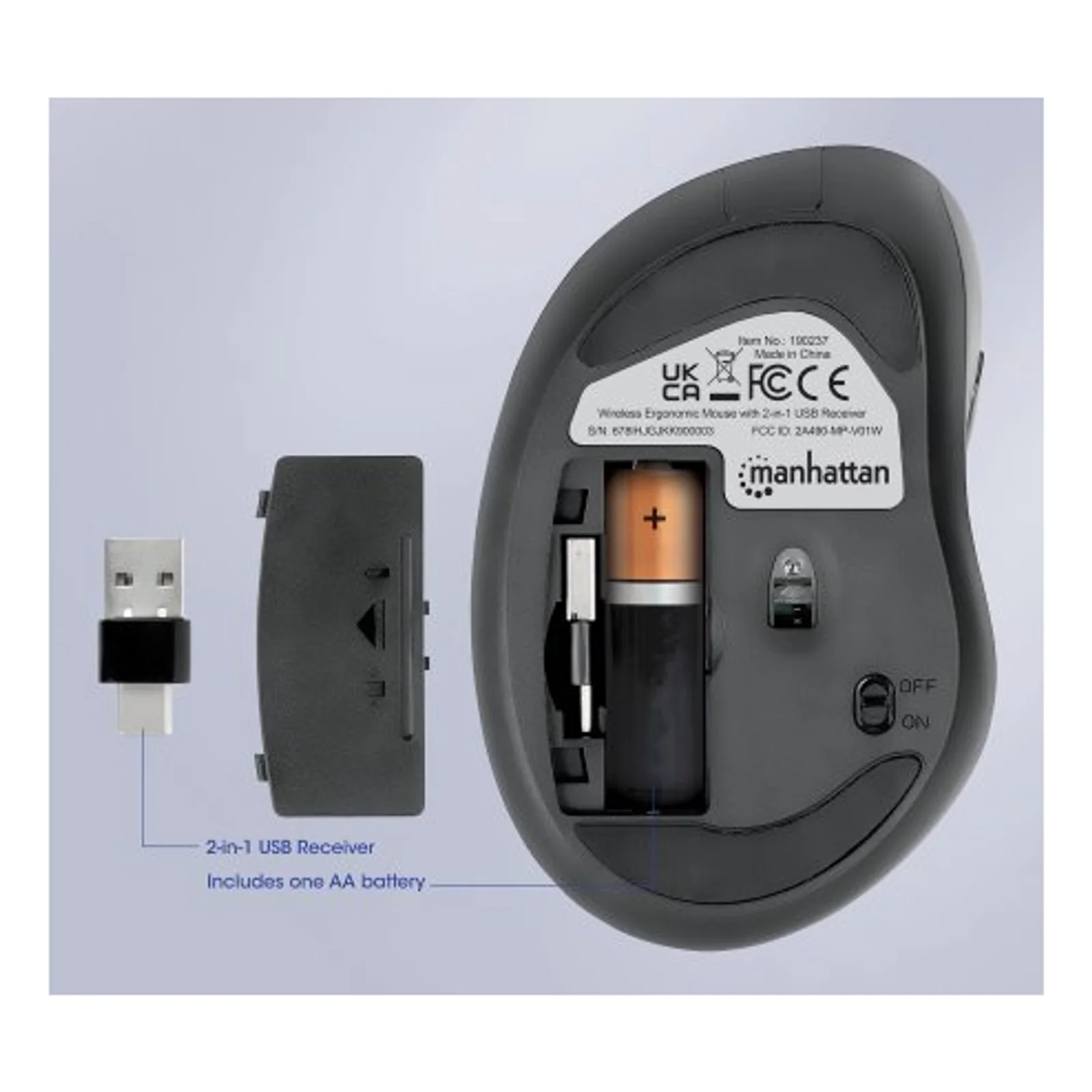 Manhattan Souris ergonomique sans fil (droitière), DPI réglable 800/1200/1600, 2,4 GHz (jusqu’à 10 m), 6 boutons avec molette, récepteur USB-A et USB-C combiné, noire, pile AA incluse, garantie 3 ans