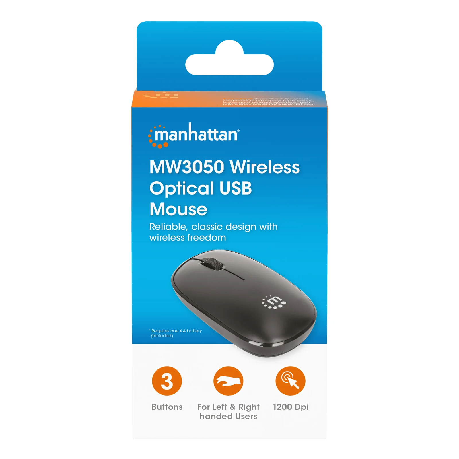 Manhattan Souris optique sans fil MW3050, noire, 1200 dpi, 2,4 GHz (jusqu’à 10 m), USB, ambidextre, 3 boutons avec molette, récepteur USB-A nano, pile AA incluse, garantie 3 ans