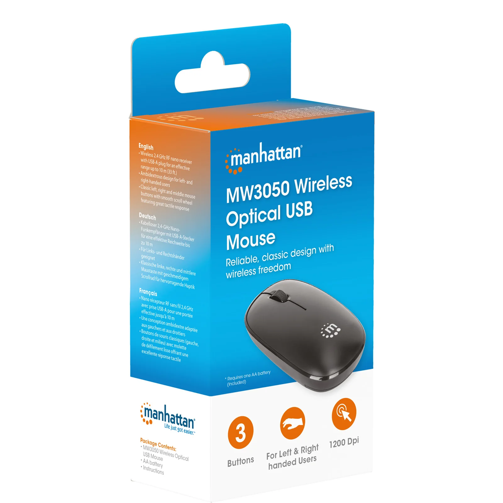 Manhattan Souris optique sans fil MW3050, noire, 1200 dpi, 2,4 GHz (jusqu’à 10 m), USB, ambidextre, 3 boutons avec molette, récepteur USB-A nano, pile AA incluse, garantie 3 ans