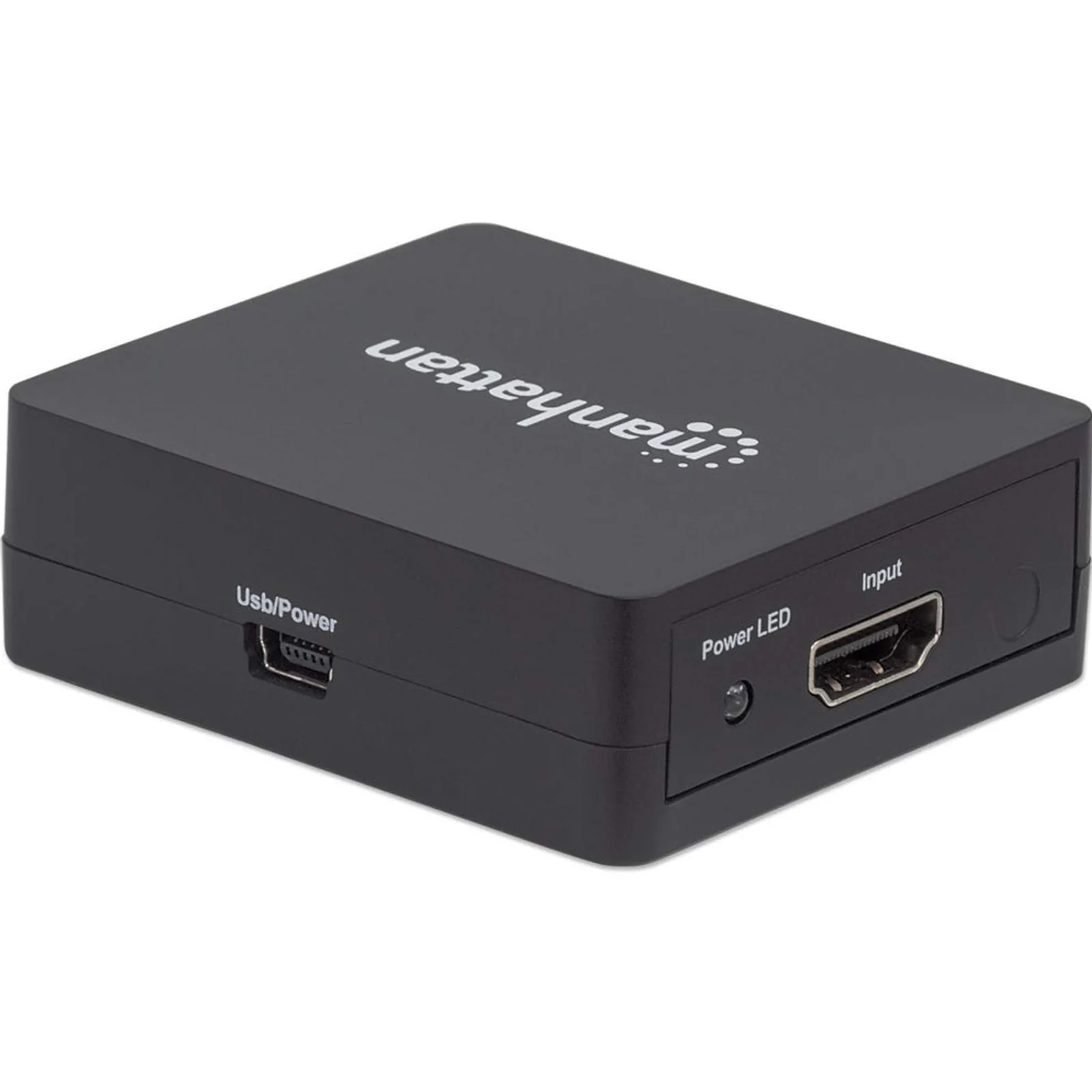 Manhattan Splitter HDMI 2 ports, 1080p, noir, duplique le signal d’une source HDMI vers 2 écrans (même signal sur les deux), alimentation par USB-A (câble inclus 0,7 m), garantie de 3 ans