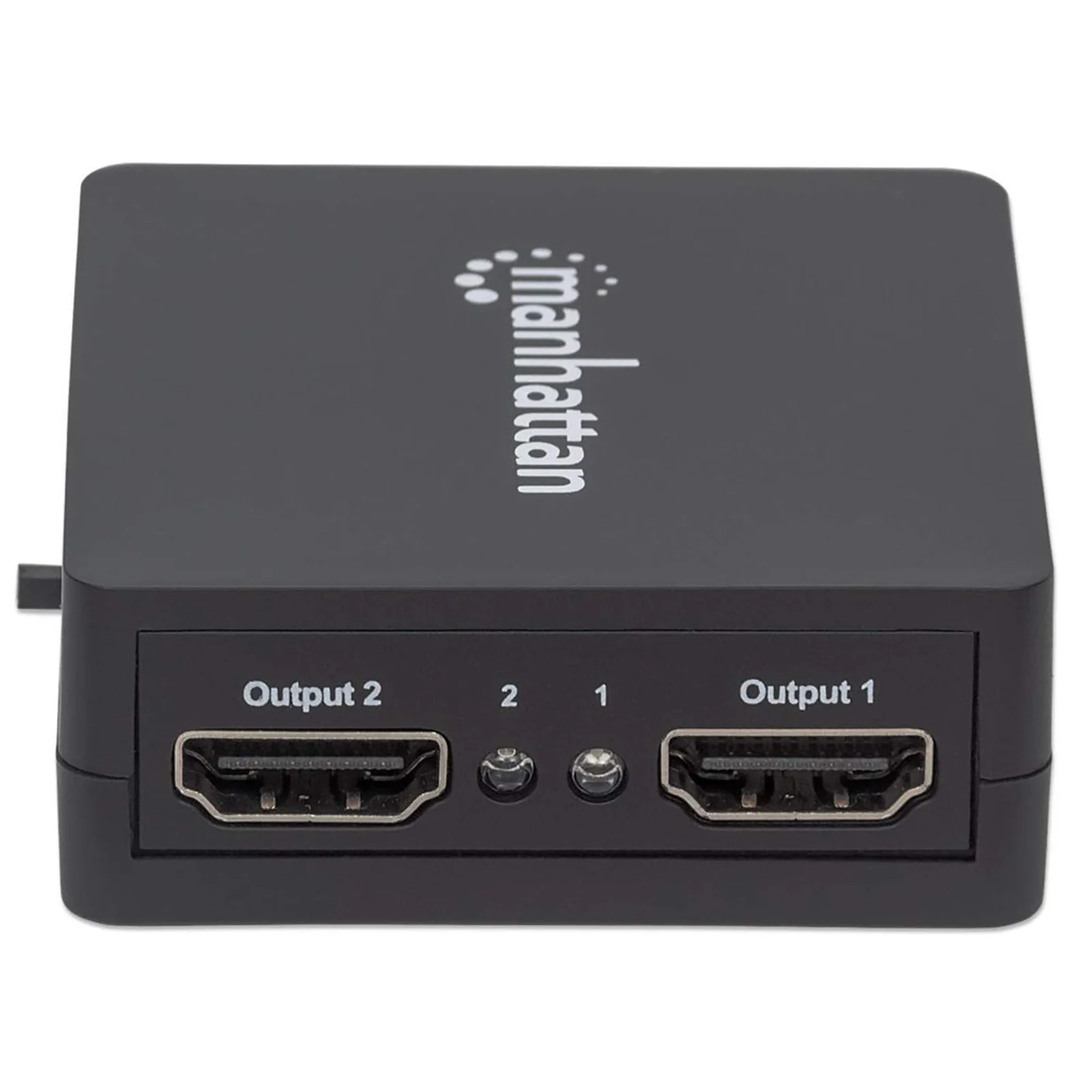 Manhattan Splitter HDMI 2 ports, 1080p, noir, duplique le signal d’une source HDMI vers 2 écrans (même signal sur les deux), alimentation par USB-A (câble inclus 0,7 m), garantie de 3 ans