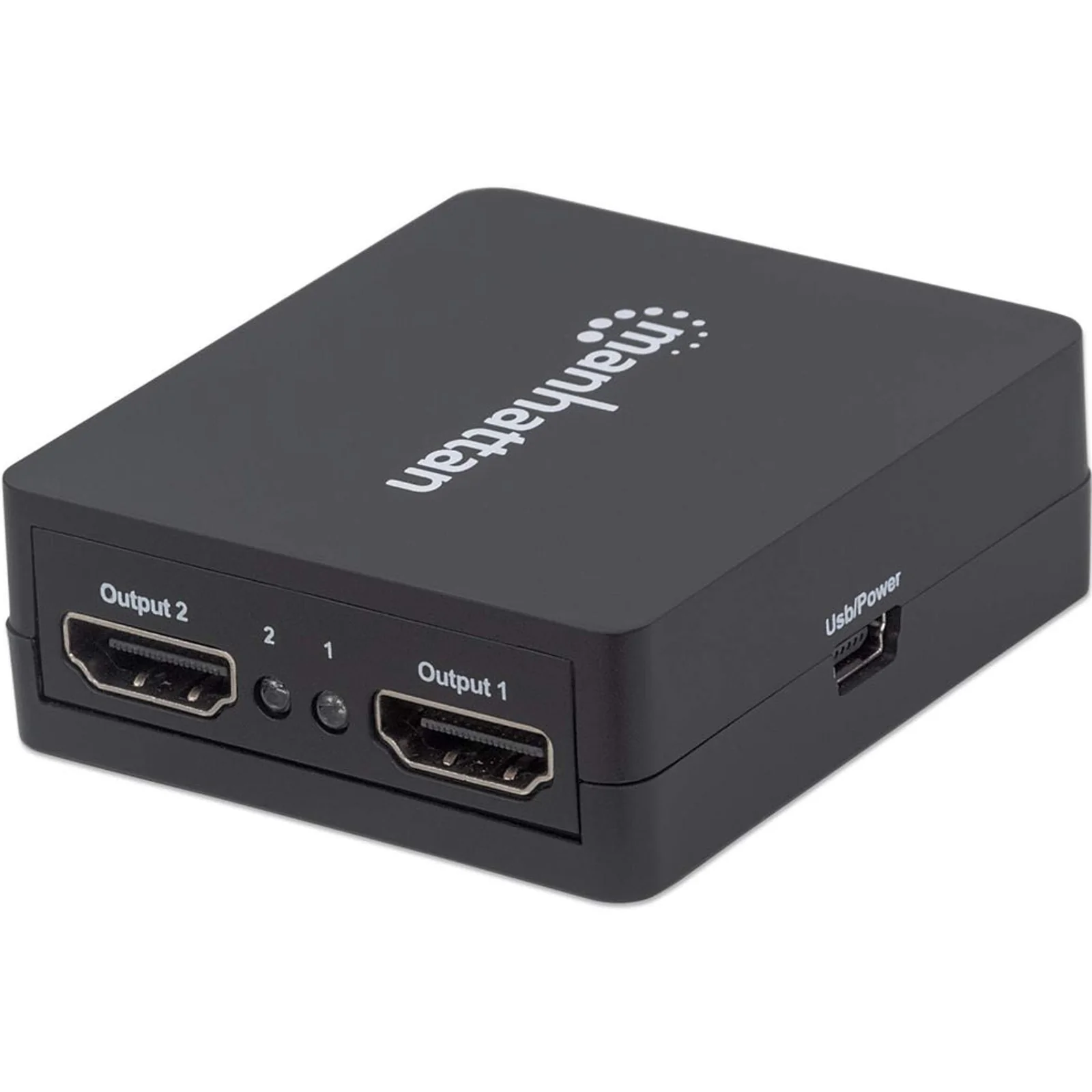 Manhattan Splitter HDMI 2 ports, 1080p, noir, duplique le signal d’une source HDMI vers 2 écrans (même signal sur les deux), alimentation par USB-A (câble inclus 0,7 m), garantie de 3 ans