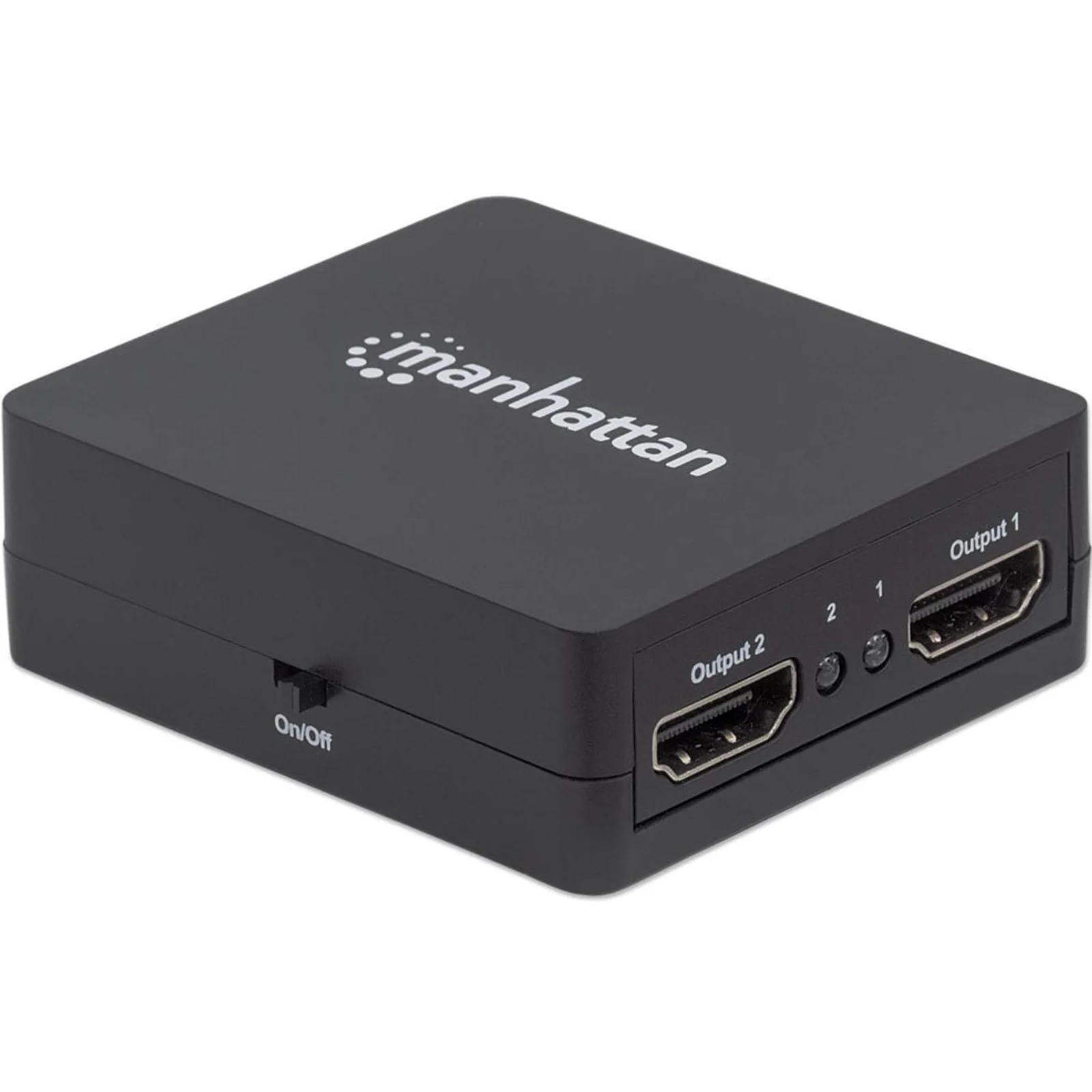 Manhattan Splitter HDMI 2 ports, 1080p, noir, duplique le signal d’une source HDMI vers 2 écrans (même signal sur les deux), alimentation par USB-A (câble inclus 0,7 m), garantie de 3 ans