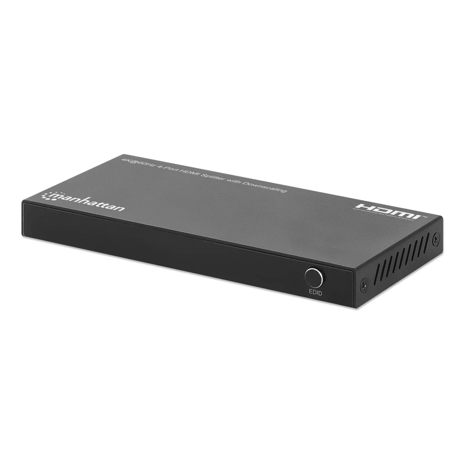 Splitter HDMI 4 ports avec downscaling, 4K@60 Hz, distribue 1 entrée HDMI vers 4 sorties (même signal), bouton de conversion 4K vers 1080p, inclut câble Micro-USB vers USB-A (0,8 m), noir