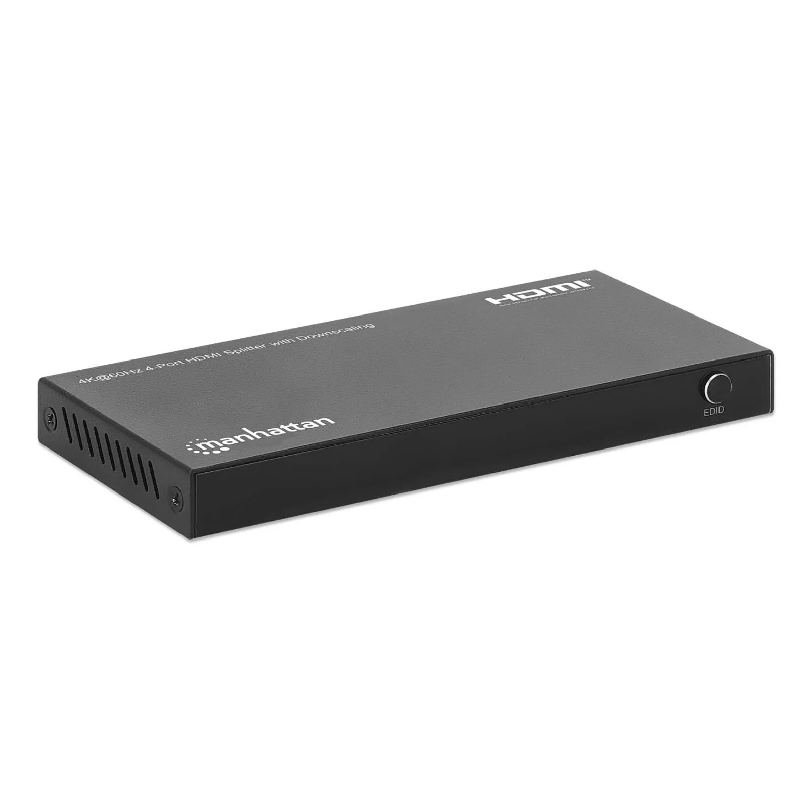 Manhattan Splitter HDMI 4 ports avec downscaling, 4K@60 Hz, distribue 1 entrée HDMI vers 4 sorties (même signal), bouton de conversion 4K vers 1080p, inclut câble Micro-USB vers USB-A (0,8 m), noir