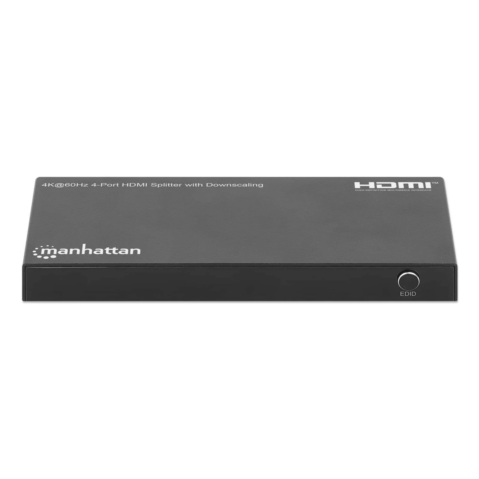 Manhattan Splitter HDMI 4 ports avec downscaling, 4K@60 Hz, distribue 1 entrée HDMI vers 4 sorties (même signal), bouton de conversion 4K vers 1080p, inclut câble Micro-USB vers USB-A (0,8 m), noir