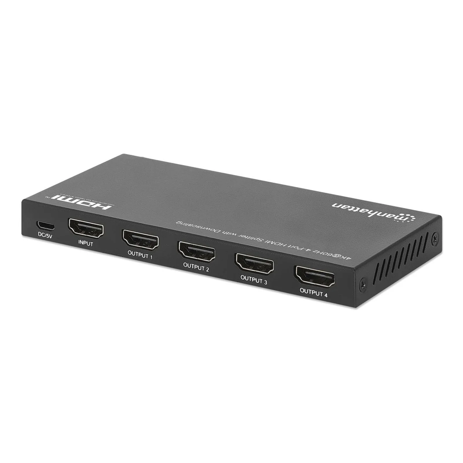 Manhattan Splitter HDMI 4 ports avec downscaling, 4K@60 Hz, distribue 1 entrée HDMI vers 4 sorties (même signal), bouton de conversion 4K vers 1080p, inclut câble Micro-USB vers USB-A (0,8 m), noir