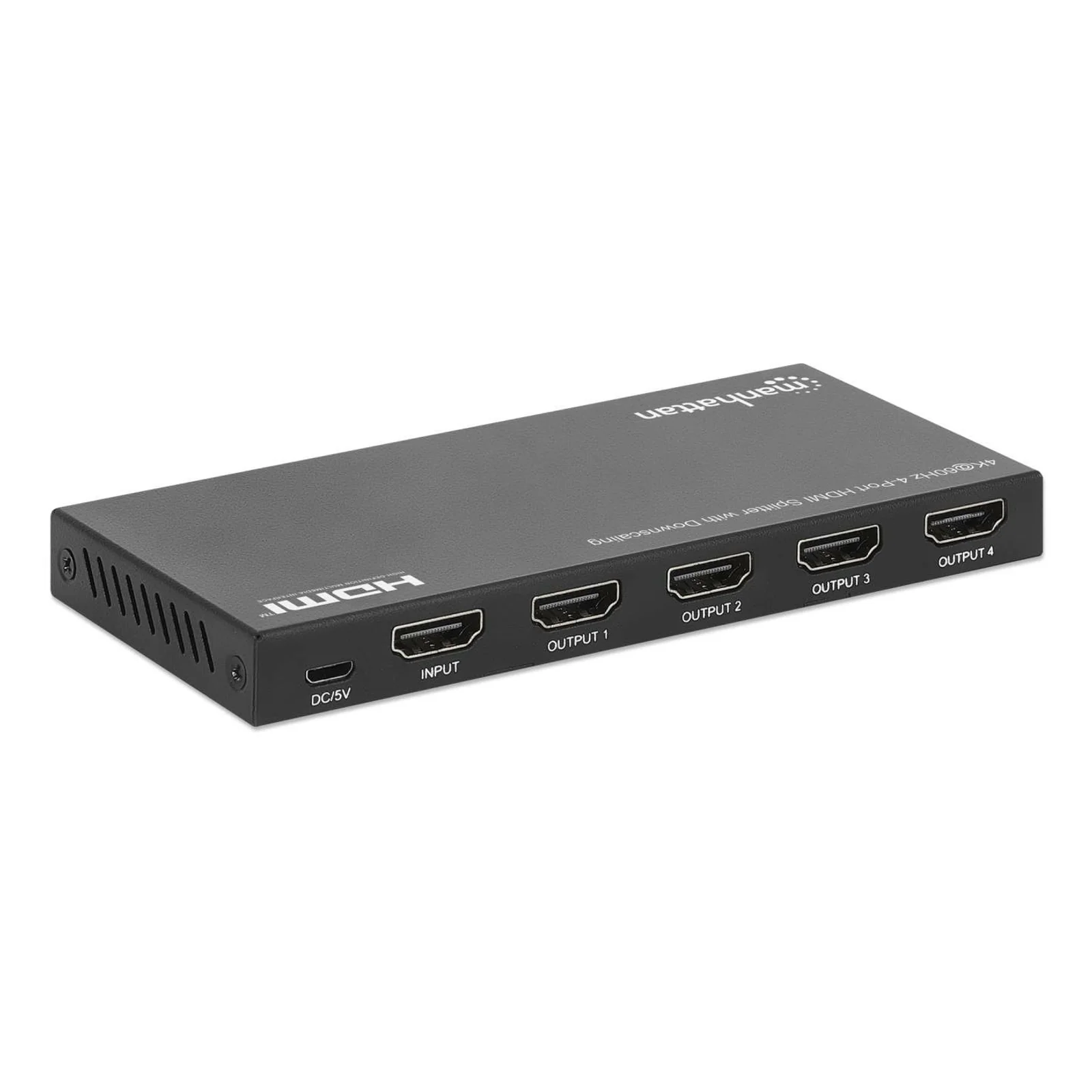 Manhattan Splitter HDMI 4 ports avec downscaling, 4K@60 Hz, distribue 1 entrée HDMI vers 4 sorties (même signal), bouton de conversion 4K vers 1080p, inclut câble Micro-USB vers USB-A (0,8 m), noir