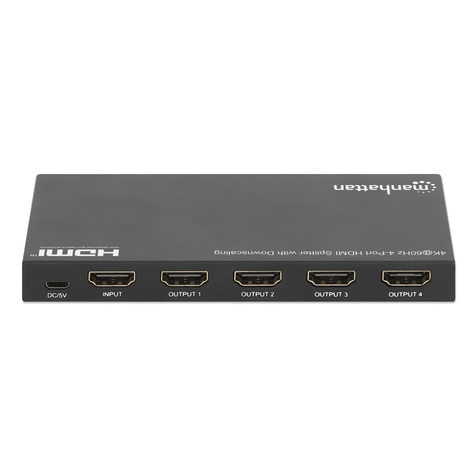 Manhattan Splitter HDMI 4 ports avec downscaling, 4K@60 Hz, distribue 1 entrée HDMI vers 4 sorties (même signal), bouton de conversion 4K vers 1080p, inclut câble Micro-USB vers USB-A (0,8 m), noir