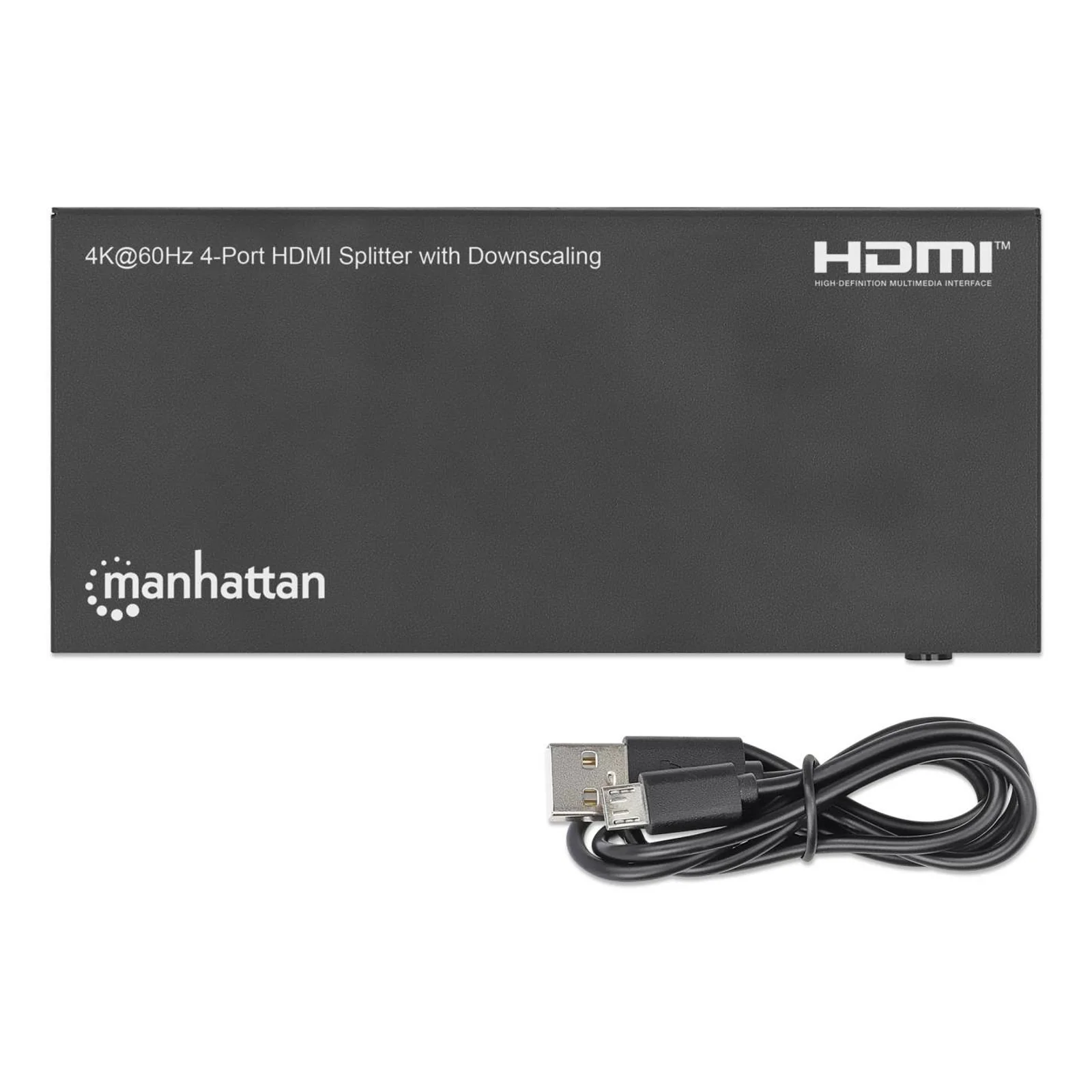 Manhattan Splitter HDMI 4 ports avec downscaling, 4K@60 Hz, distribue 1 entrée HDMI vers 4 sorties (même signal), bouton de conversion 4K vers 1080p, inclut câble Micro-USB vers USB-A (0,8 m), noir