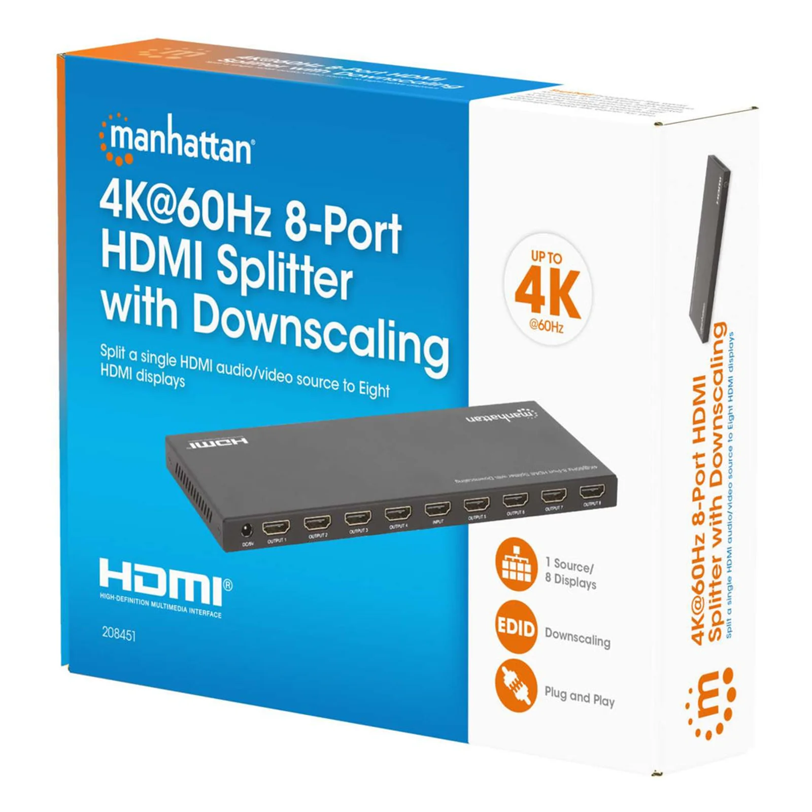 Manhattan Splitter HDMI 8 ports 4K@60 Hz avec downscaling, 1 entrée vers 8 sorties (1×8), 18 Gbps, sélecteur EDID pour downscaling, noir