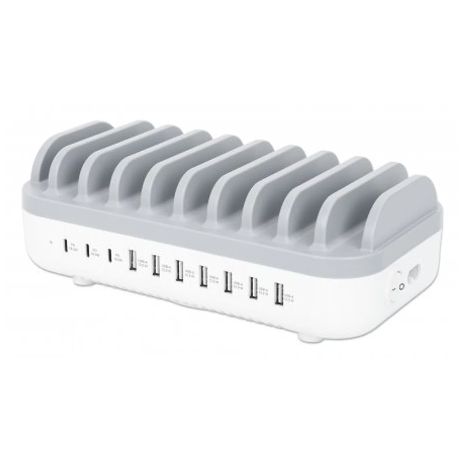 Station de charge à 10 ports : 3 USB-C (jusqu’à 18 W PD) et 7 USB-A (jusqu’à 12 W), puissance totale de 120 W, blanc/gris, garantie de 3 ans