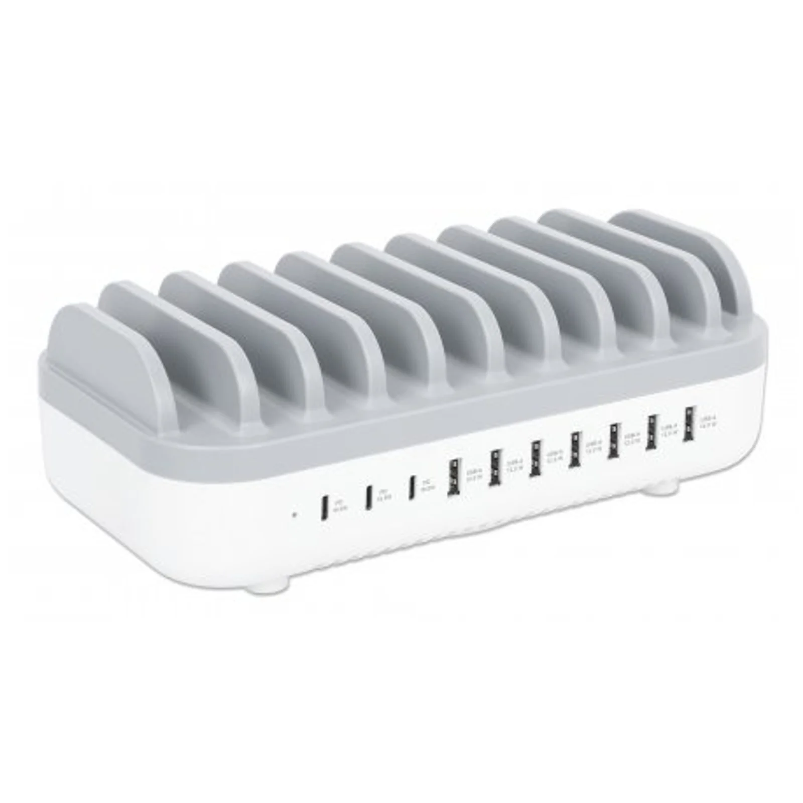 Manhattan Station de charge à 10 ports : 3 USB-C (jusqu’à 18 W PD) et 7 USB-A (jusqu’à 12 W), puissance totale de 120 W, blanc/gris, garantie de 3 ans