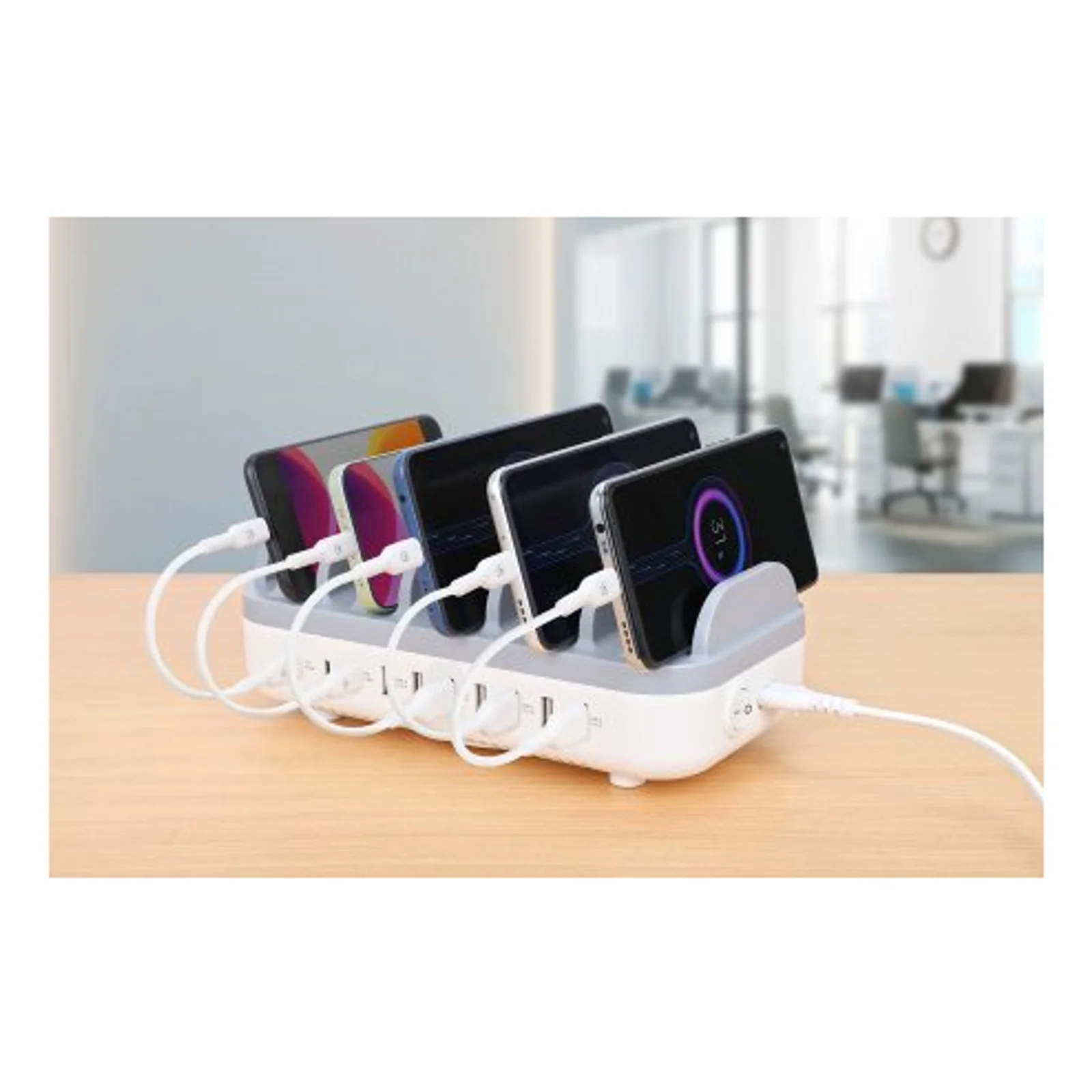 Manhattan Station de charge à 10 ports : 3 USB-C (jusqu’à 18 W PD) et 7 USB-A (jusqu’à 12 W), puissance totale de 120 W, blanc/gris, garantie de 3 ans