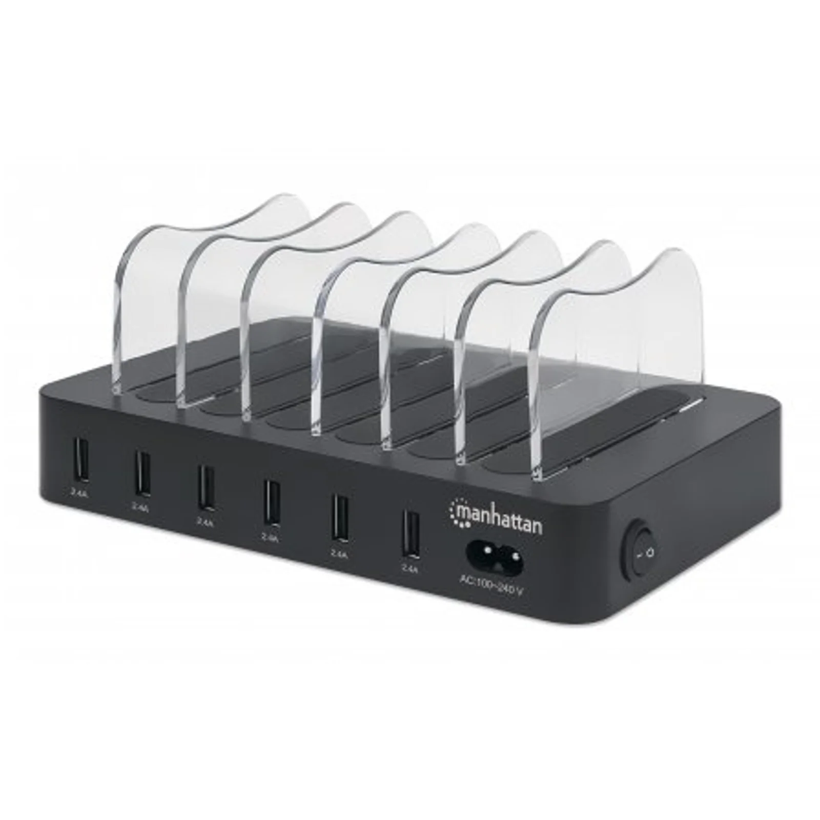 Station de charge à 6 ports USB-A, sorties 6 × 2,4 A, Smart IC, indicateurs LED, noir, garantie de 3 ans