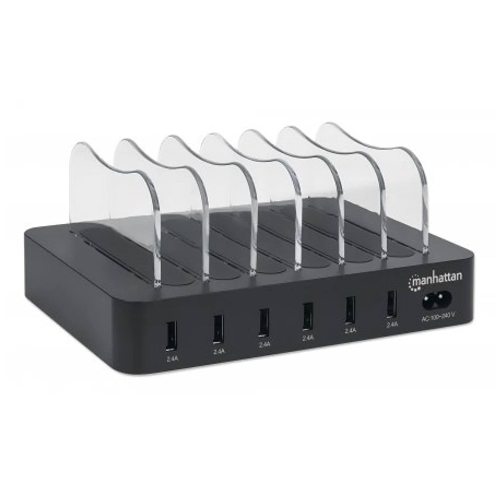Manhattan Station de charge à 6 ports USB-A, sorties 6 × 2,4 A, Smart IC, indicateurs LED, noir, garantie de 3 ans