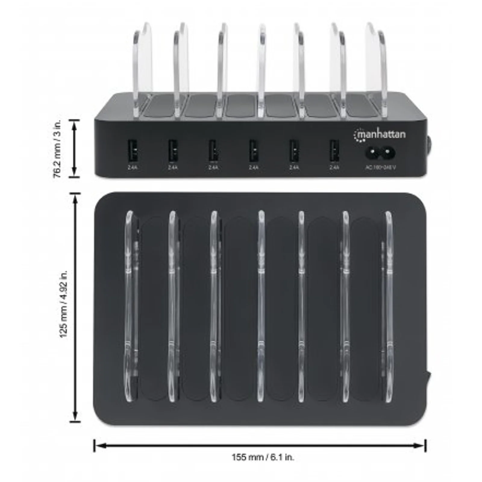 Manhattan Station de charge à 6 ports USB-A, sorties 6 × 2,4 A, Smart IC, indicateurs LED, noir, garantie de 3 ans