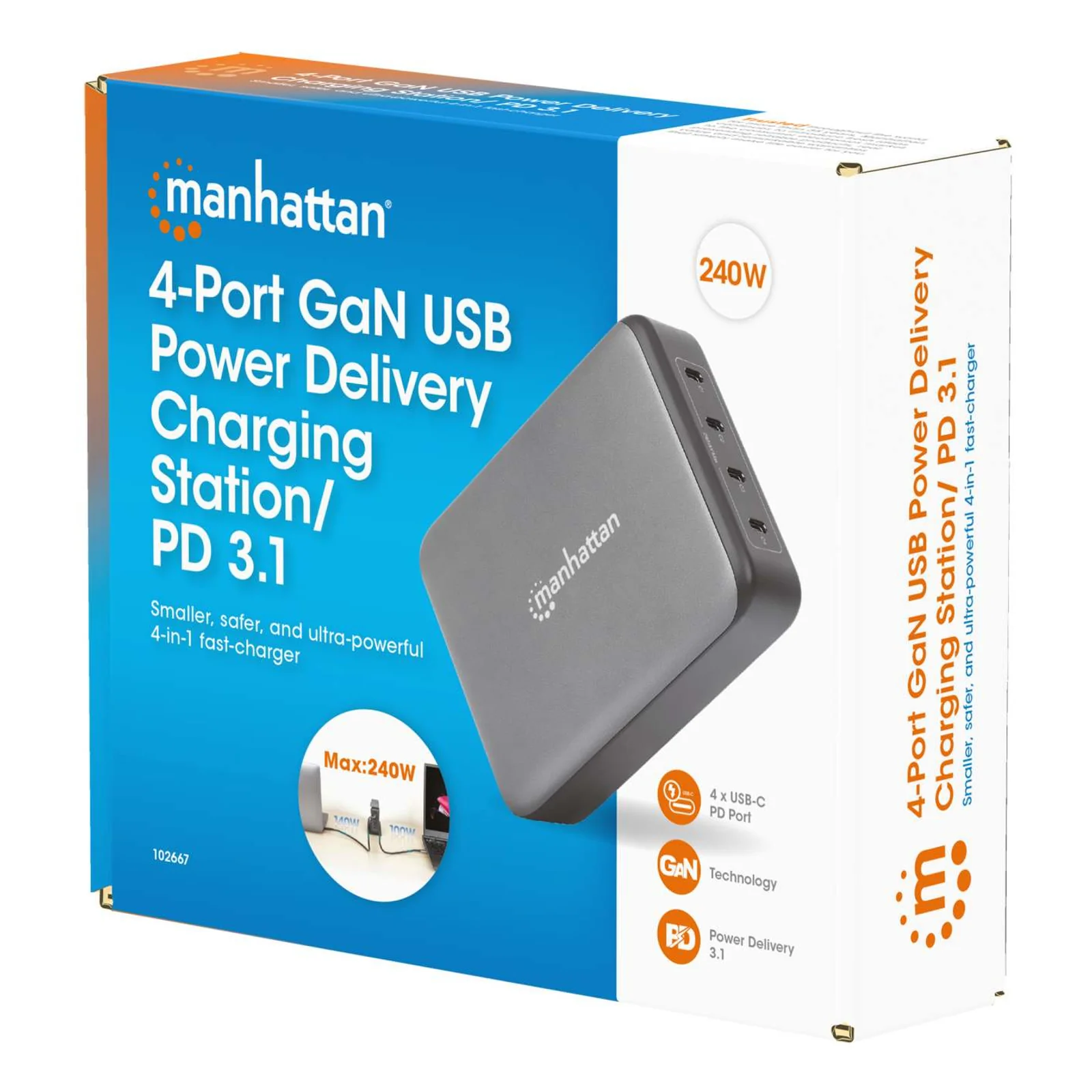 Manhattan Station de charge GaN USB Power Delivery à 4 ports, 240 W / PD 3.1, 4 ports USB-C PD jusqu’à 140 W par port, puissance totale de 240 W, noir