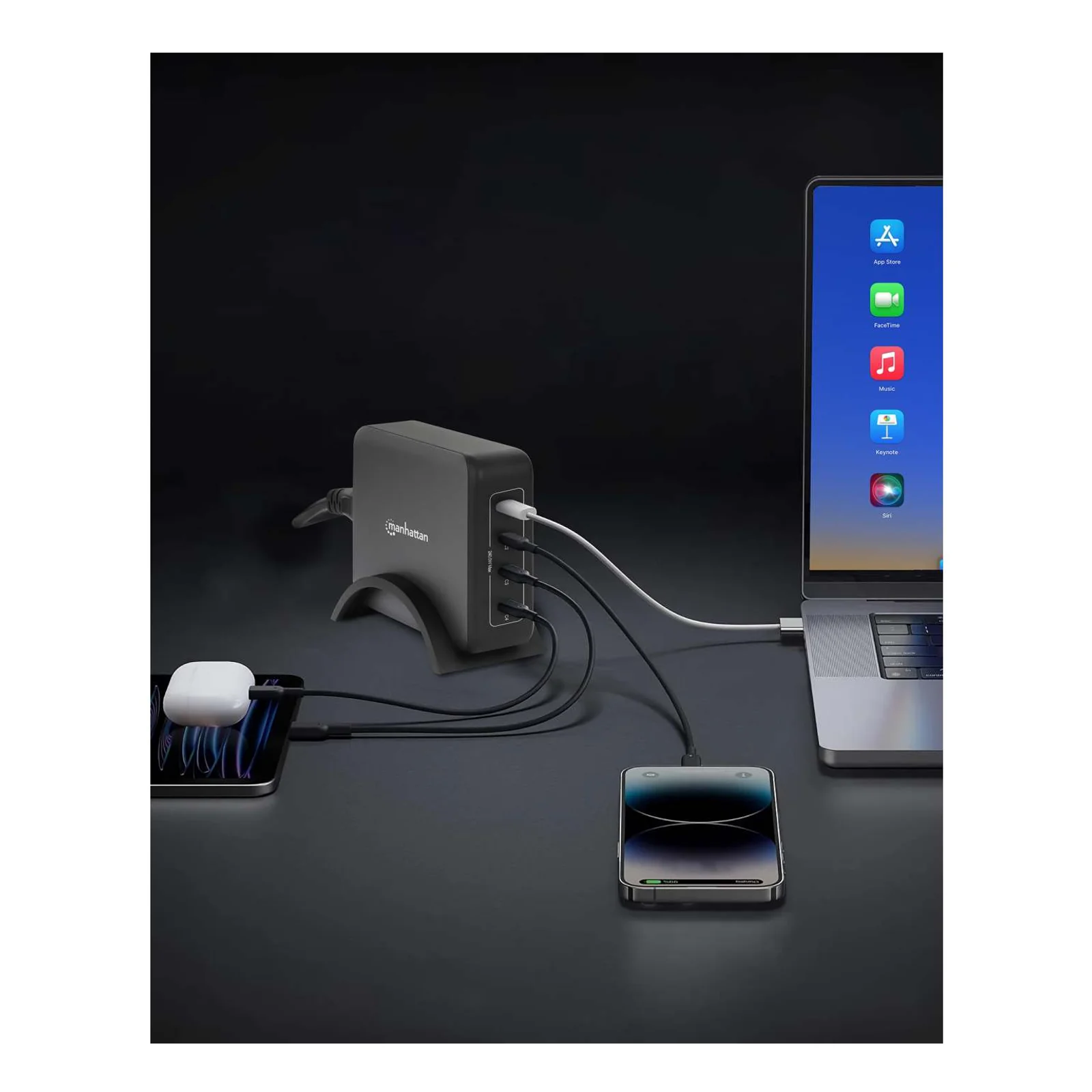 Manhattan Station de charge GaN USB Power Delivery à 4 ports, 240 W / PD 3.1, 4 ports USB-C PD jusqu’à 140 W par port, puissance totale de 240 W, noir