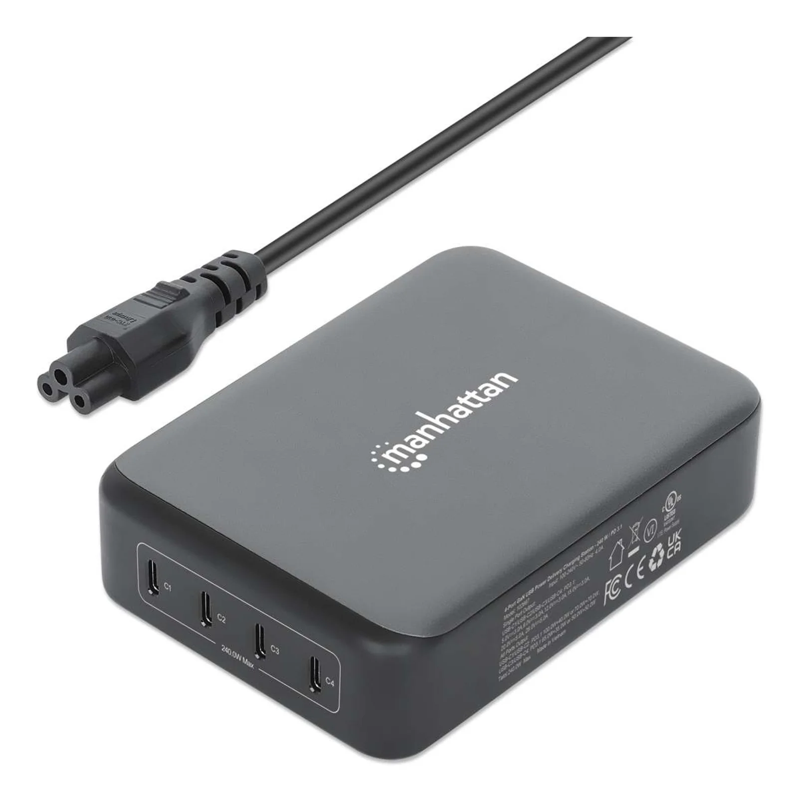 Manhattan Station de charge GaN USB Power Delivery à 4 ports, 240 W / PD 3.1, 4 ports USB-C PD jusqu’à 140 W par port, puissance totale de 240 W, noir