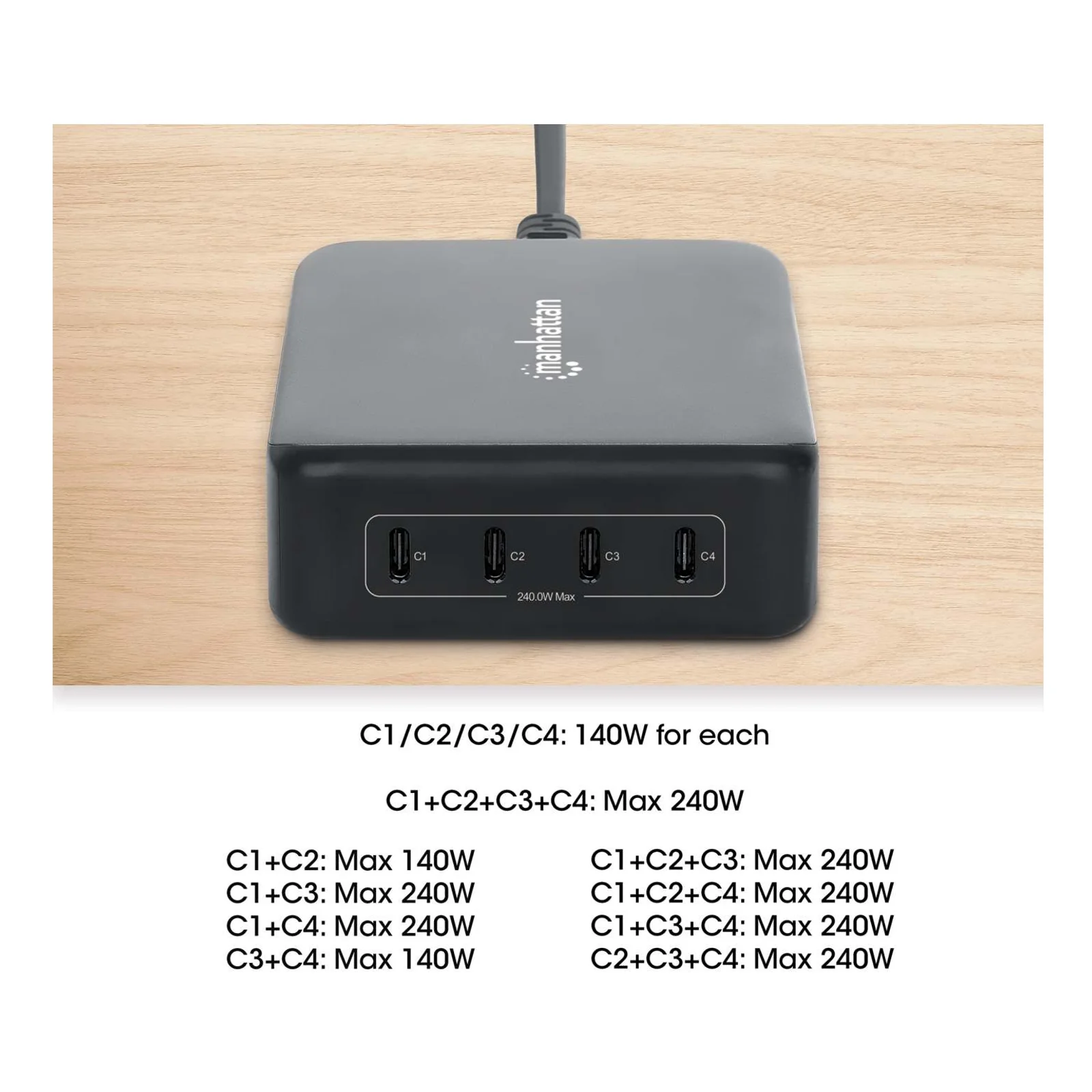Manhattan Station de charge GaN USB Power Delivery à 4 ports, 240 W / PD 3.1, 4 ports USB-C PD jusqu’à 140 W par port, puissance totale de 240 W, noir