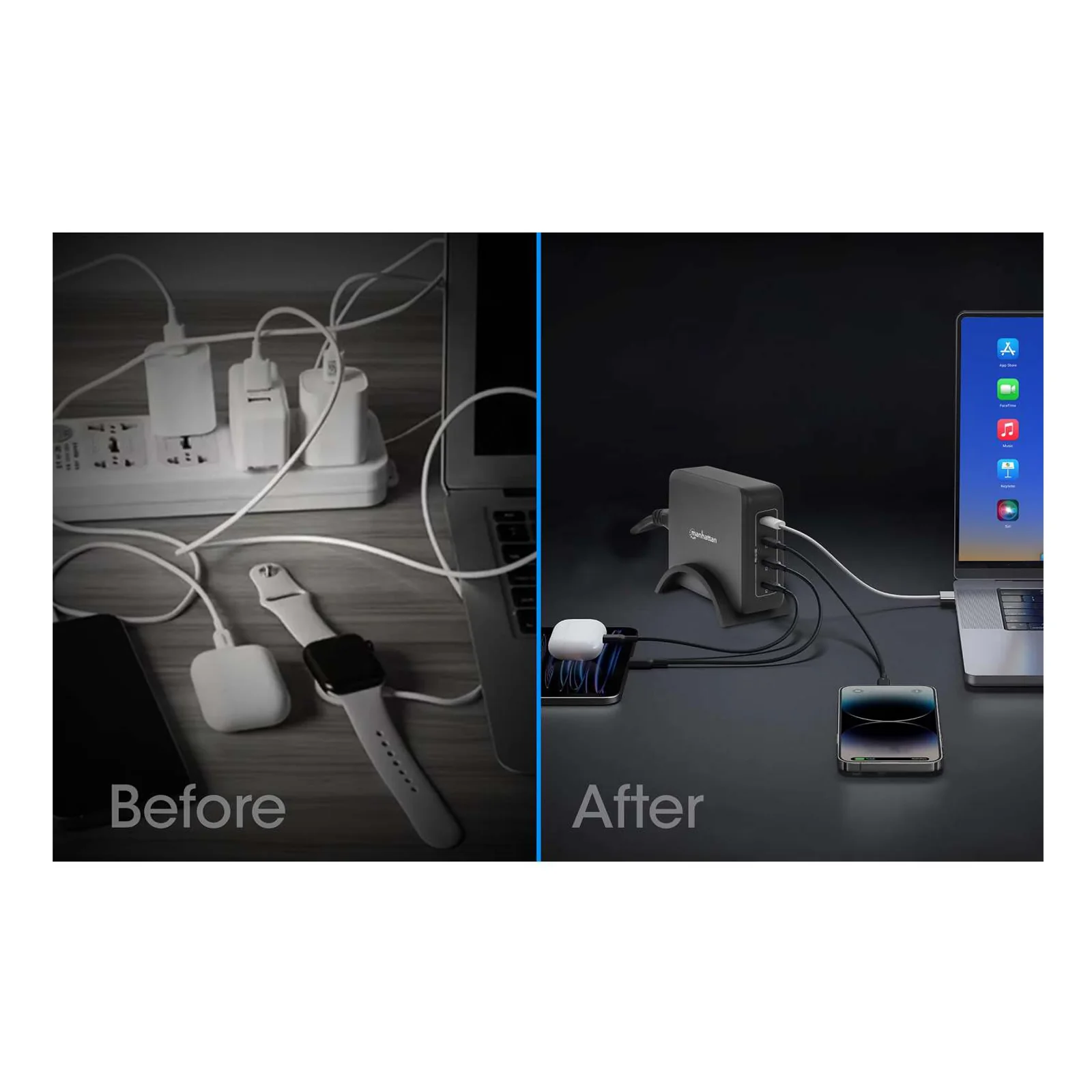 Manhattan Station de charge GaN USB Power Delivery à 4 ports, 240 W / PD 3.1, 4 ports USB-C PD jusqu’à 140 W par port, puissance totale de 240 W, noir