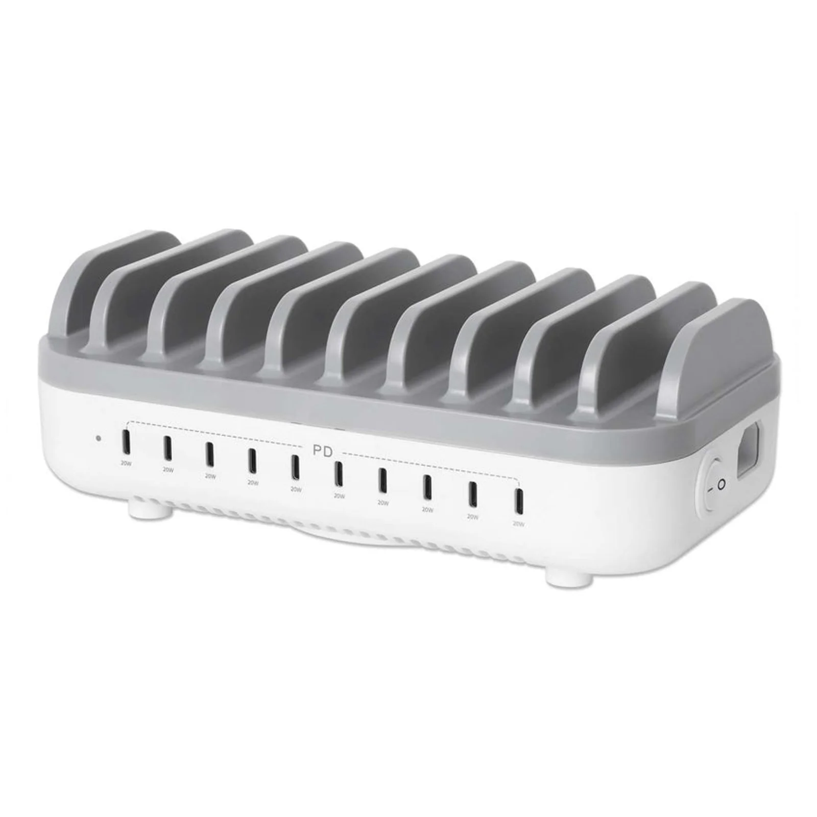 Station de charge USB-C à 10 ports, sortie USB-C : 10 × 20 W, puissance maximale de 200 W, alimentation secteur, inclut adaptateurs US/EU/UK