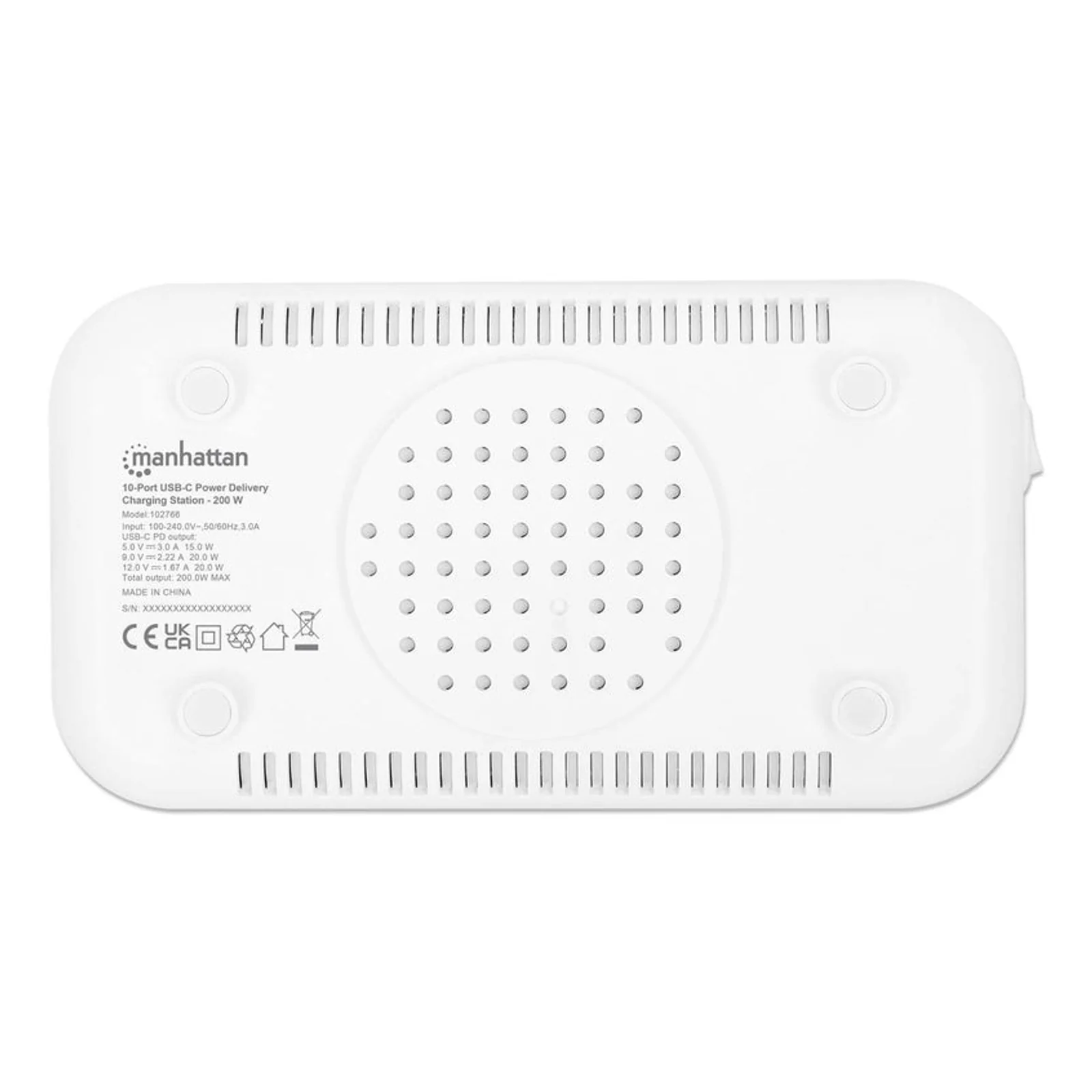 Manhattan Station de charge USB-C à 10 ports, sortie USB-C : 10 × 20 W, puissance maximale de 200 W, alimentation secteur, inclut adaptateurs US/EU/UK