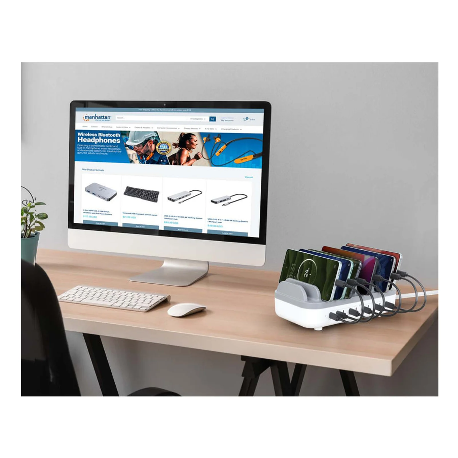 Manhattan Station de charge USB-C à 10 ports, sortie USB-C : 10 × 20 W, puissance maximale de 200 W, alimentation secteur, inclut adaptateurs US/EU/UK